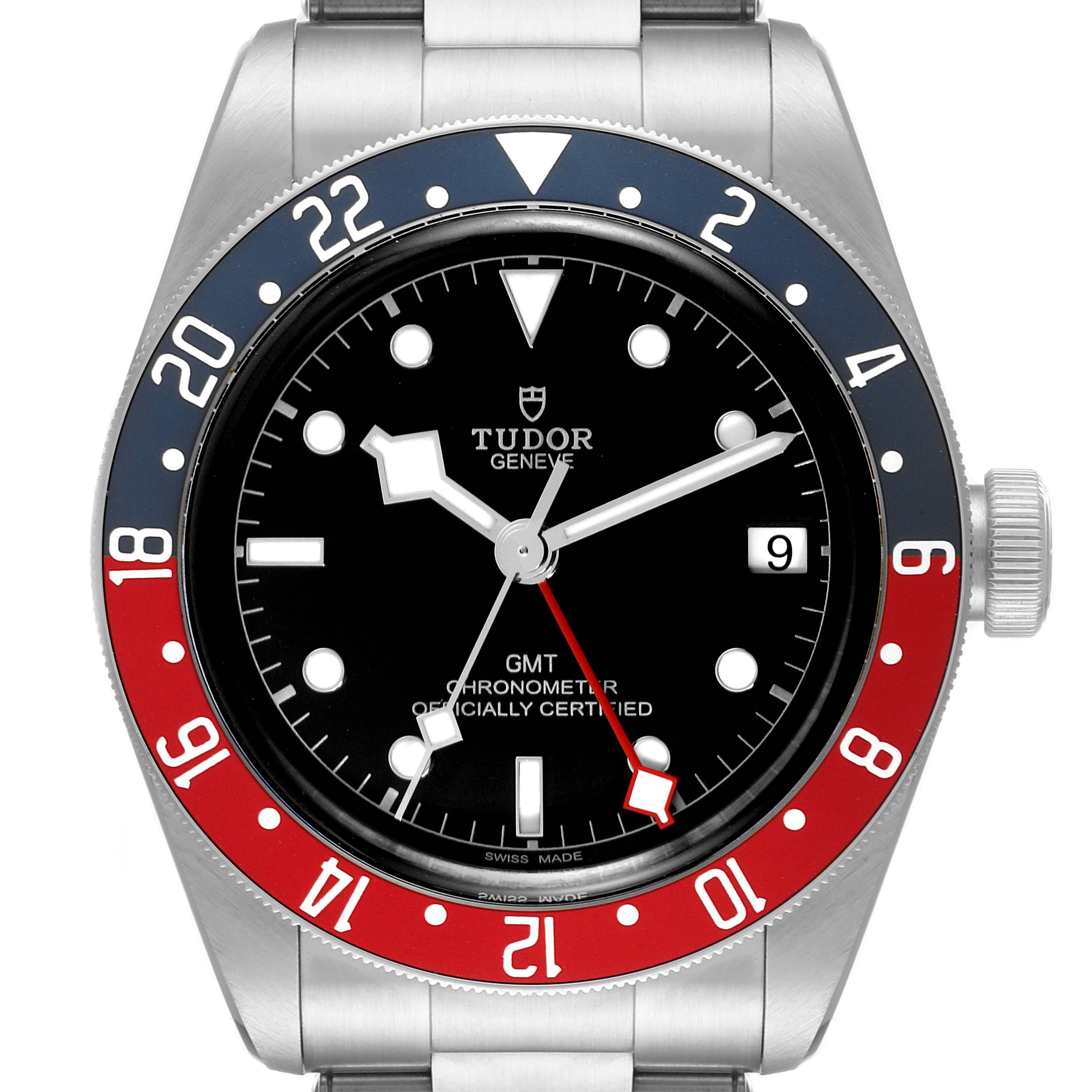 The image shows a frontal view of the Tudor Heritage Black Bay 79830RB Men's Stainless Steel Black Dial 79830RB Men's Stainless Steel Black Dial GMT watch, highlighting its bezel, dial, hands, and bracelet.