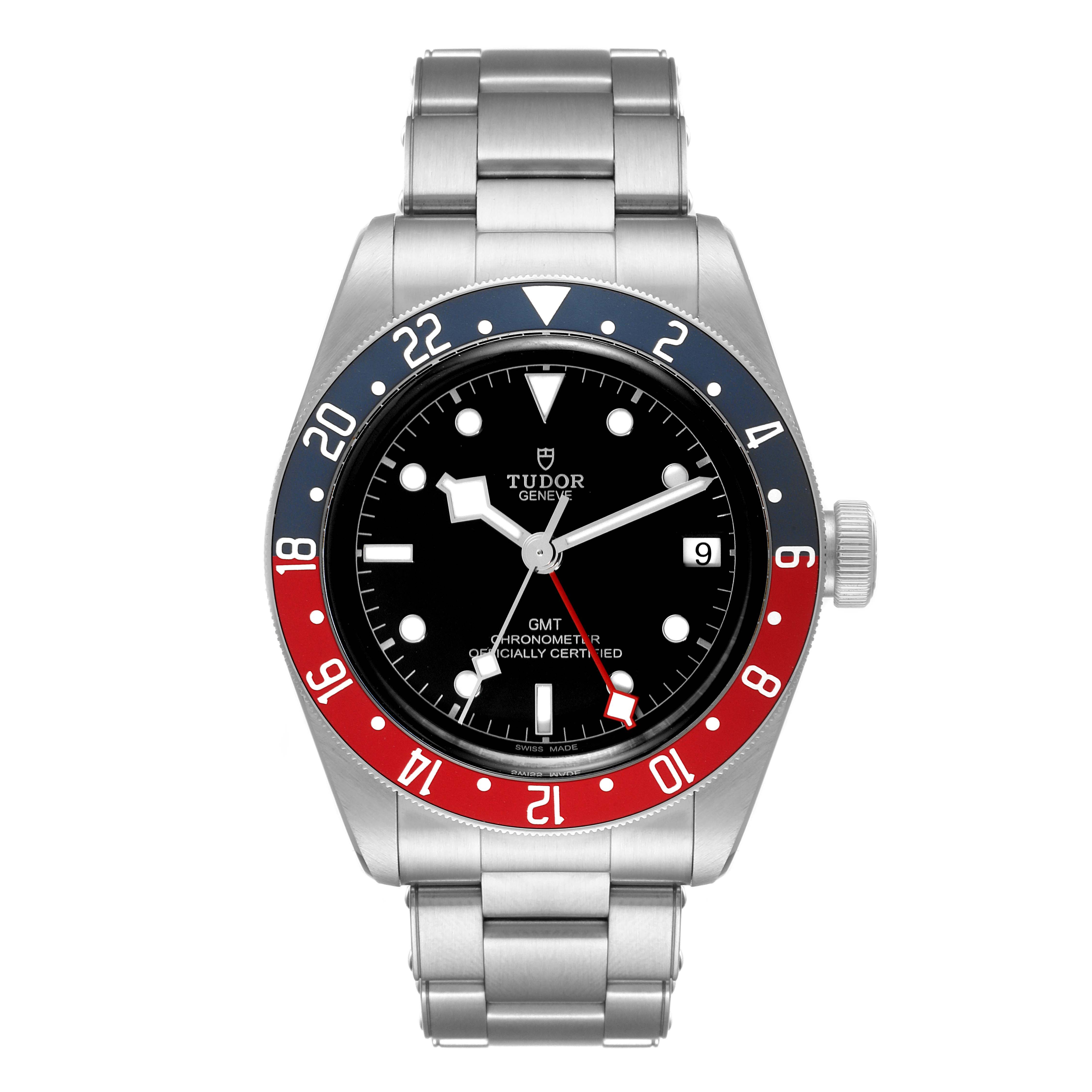 The image shows a front view of a Tudor Heritage Black Bay 79830RB Men's Stainless Steel Black Dial 79830RB Men's Stainless Steel Black Dial watch, highlighting its dial, bezel, and metal bracelet.