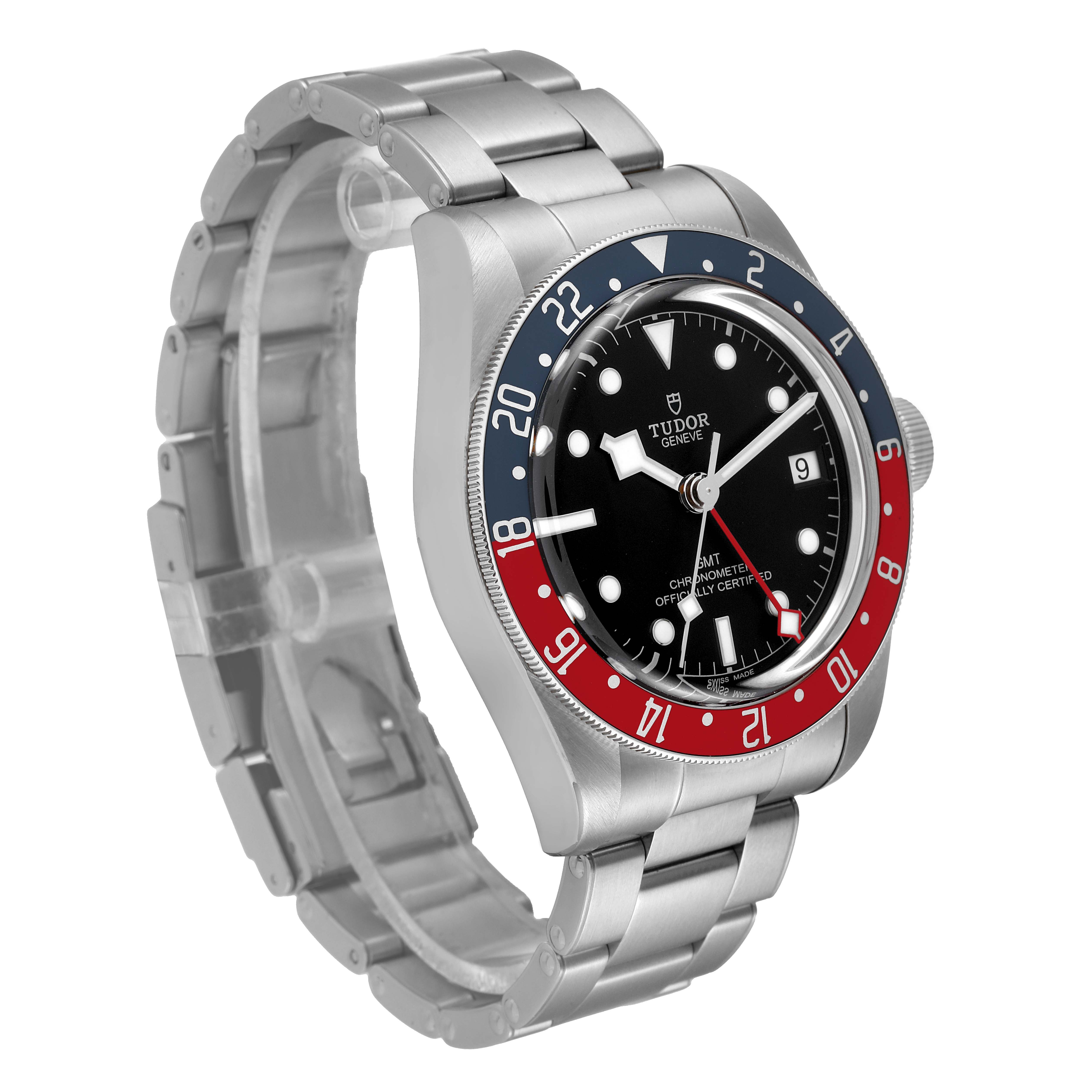 This image shows a Tudor Heritage Black Bay 79830RB Men's Stainless Steel Black Dial 79830RB Men's Stainless Steel Black Dial watch at a three-quarter angle, highlighting its dial, bezel, crown, and metal bracelet.