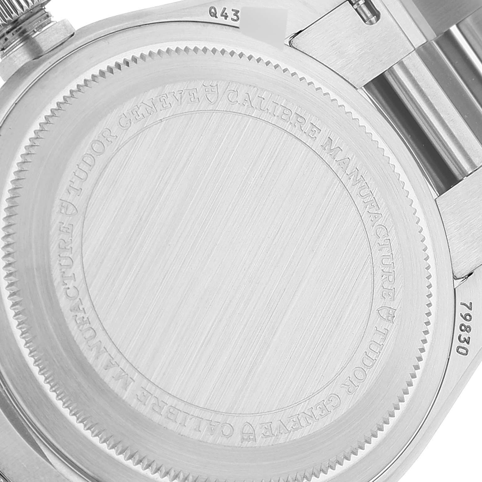 The image shows the case back and part of the bracelet of a Tudor Heritage Black Bay 79830RB Men's Stainless Steel Black Dial 79830RB Men's Stainless Steel Black Dial watch.