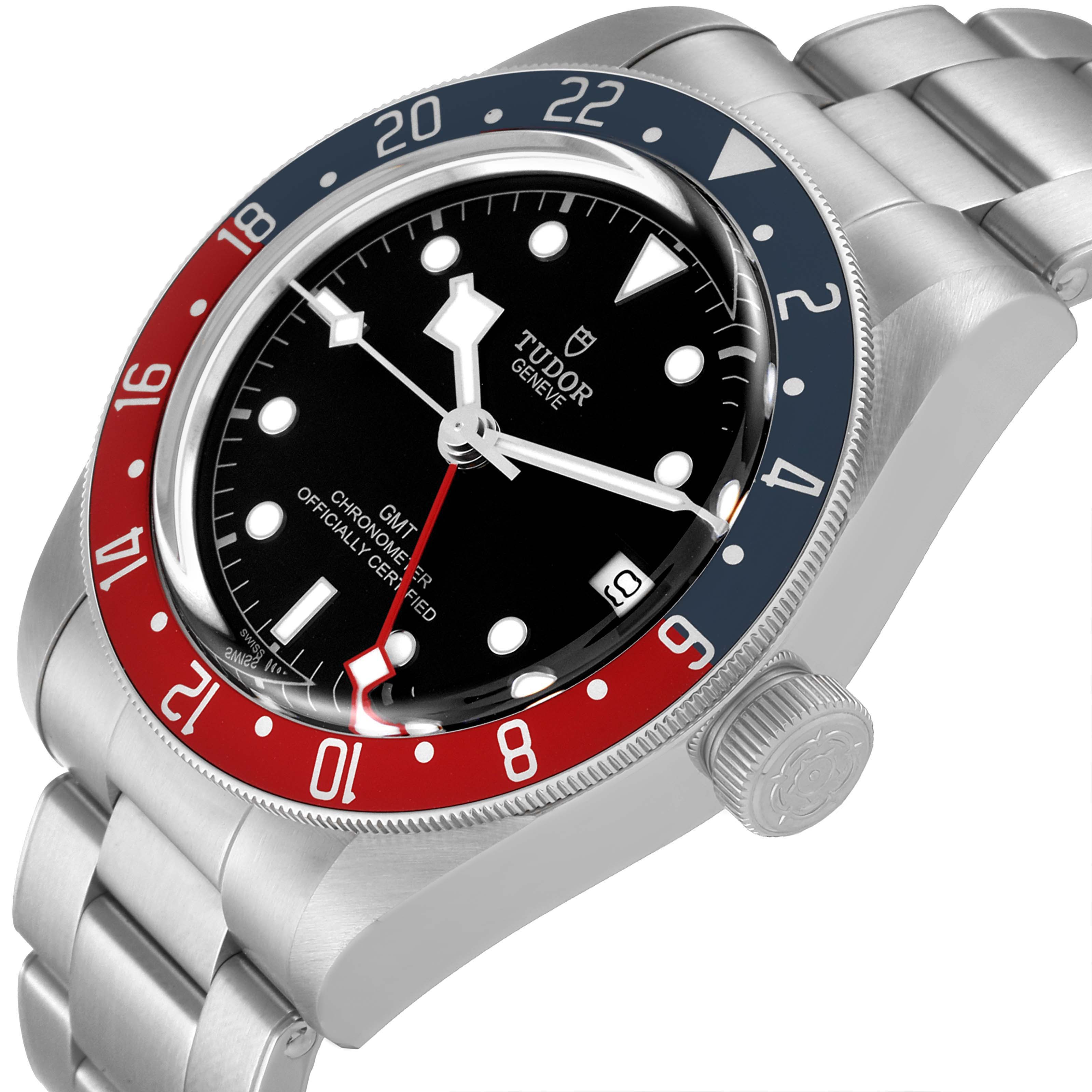 The image shows a Tudor Heritage Black Bay 79830RB Men's Stainless Steel Black Dial 79830RB Men's Stainless Steel Black Dial watch at an angled view, highlighting its dial, bezel, bracelet, and crown.