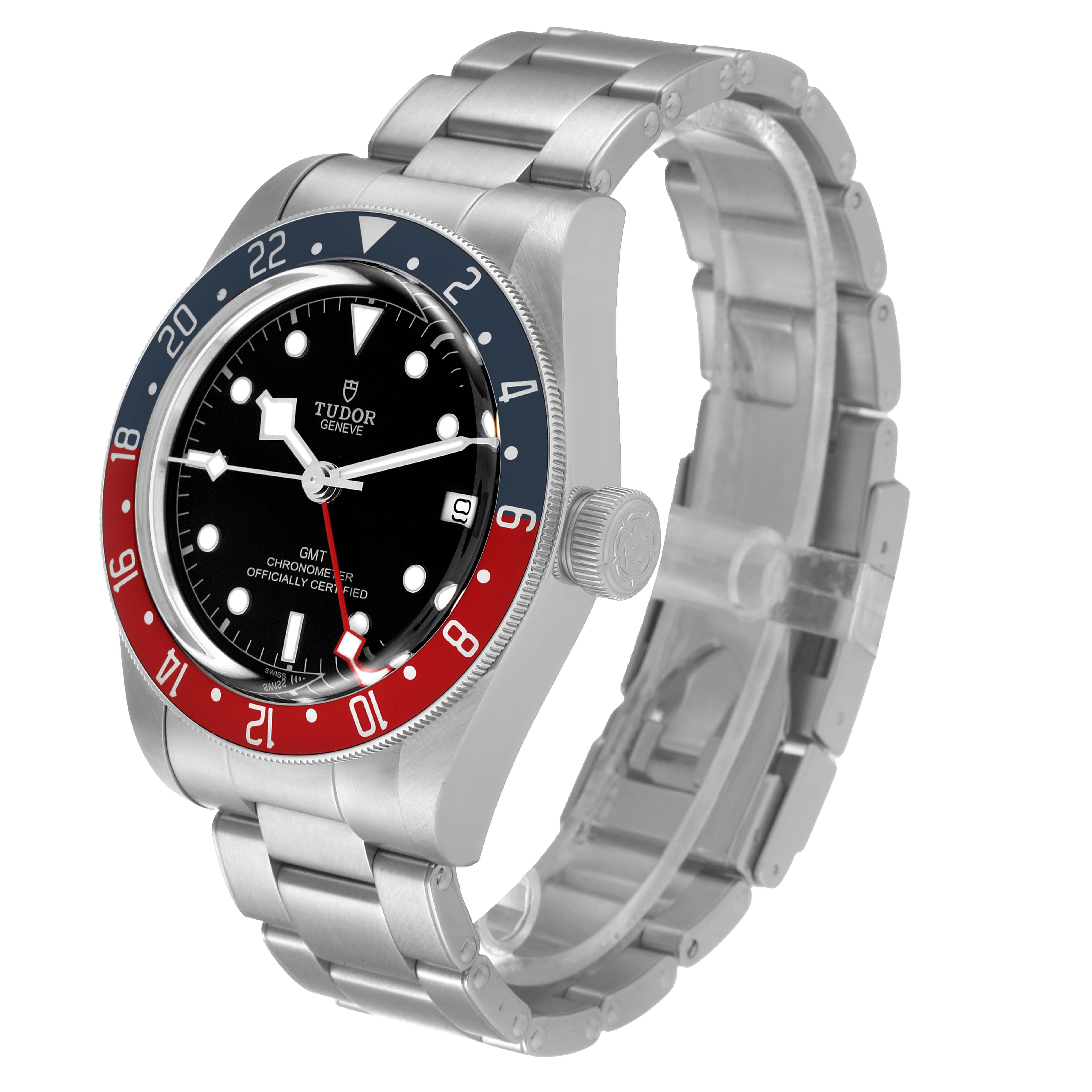 The image shows a Tudor Heritage Black Bay 79830RB Men's Stainless Steel Black Dial 79830RB Men's Stainless Steel Black Dial watch at a slight side angle, highlighting its bezel, dial, bracelet, and crown.