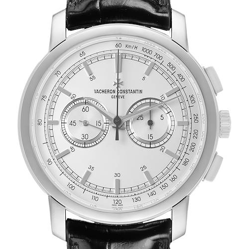 The Vacheron Constantin Traditionnelle 47192 Men's White Gold Silver Dial watch is shown from the front, highlighting its dial, hands, subdials, and bezel.