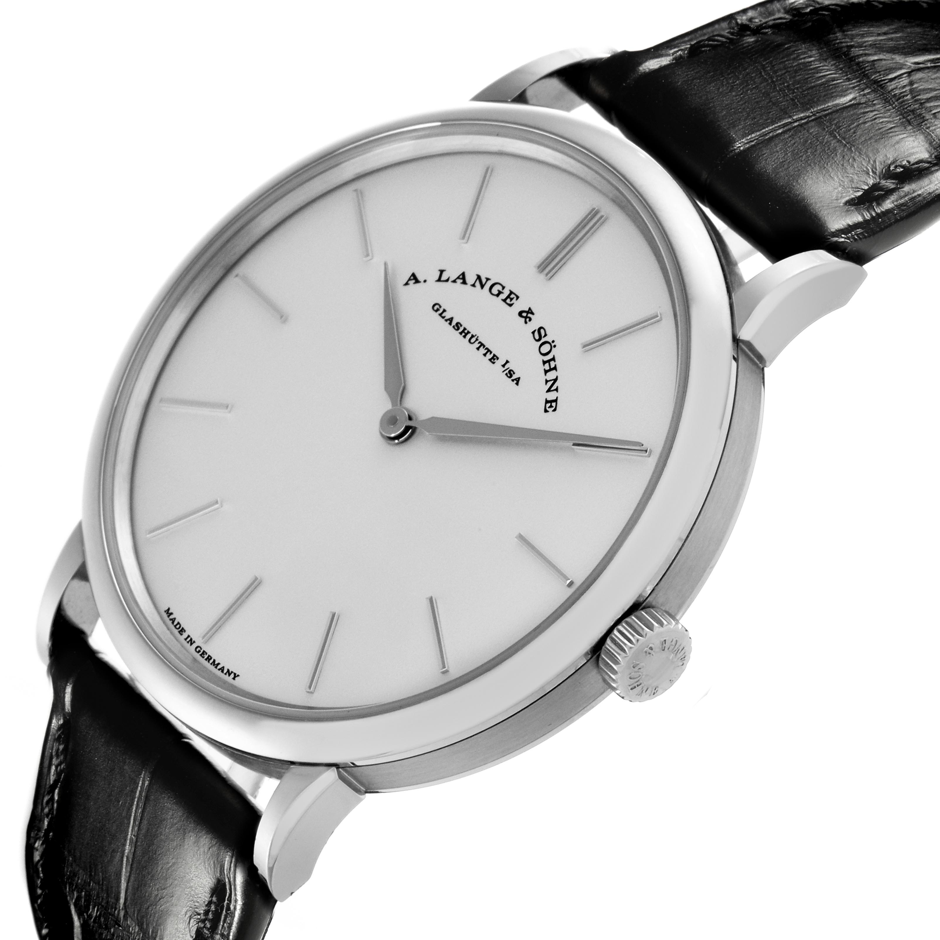 The A. Lange & Sohne Saxonia 201.027/LSLS2013AM Men's White Gold Silver Dial watch is shown at a slight angle, highlighting the face, crown, and leather strap.