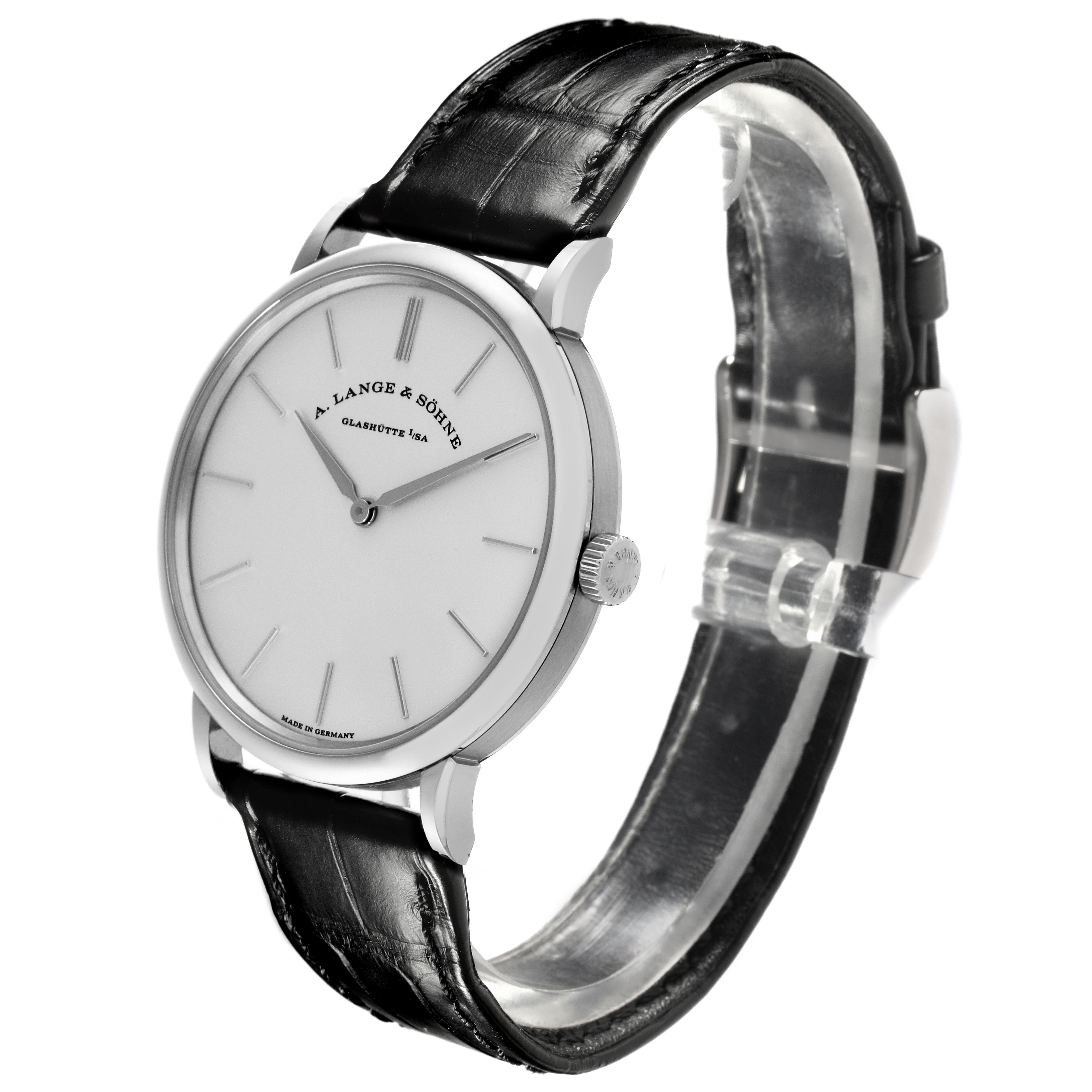 The A. Lange & Sohne Saxonia 201.027/LSLS2013AM Men's White Gold Silver Dial watch is shown from a three-quarter angle, highlighting the dial, crown, and leather strap.