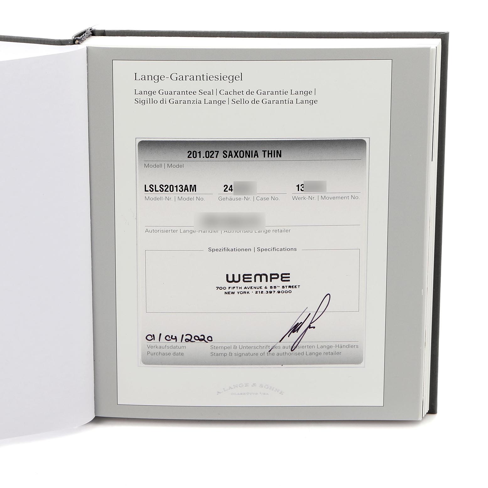 The image shows the certificate or guarantee seal for the Saxonia Thin by A. Lange & Söhne, detailing model information.