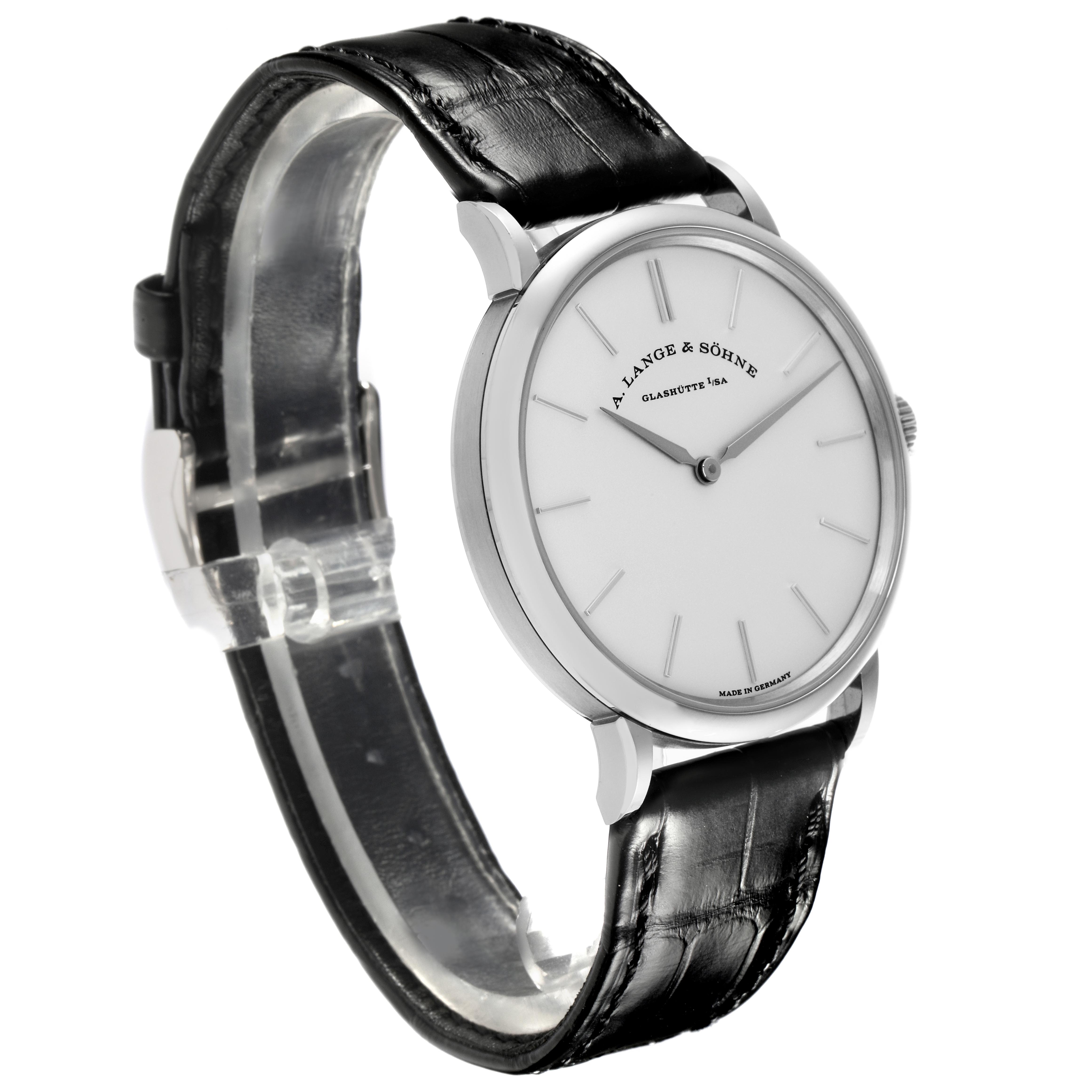 The A. Lange & Sohne Saxonia 201.027/LSLS2013AM Men's White Gold Silver Dial watch is shown from a 3/4 angle, displaying its face, case, leather strap, and buckle.