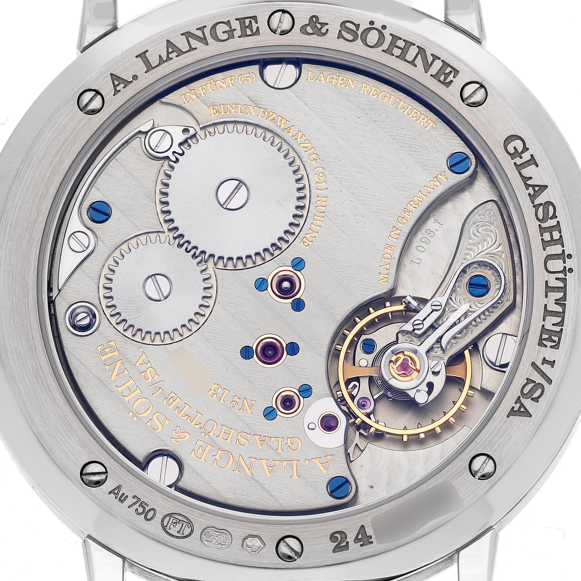 The image shows the back angle of an A. Lange & Sohne Saxonia 201.027/LSLS2013AM Men's White Gold Silver Dial watch, highlighting its mechanical movement and engraved details.
