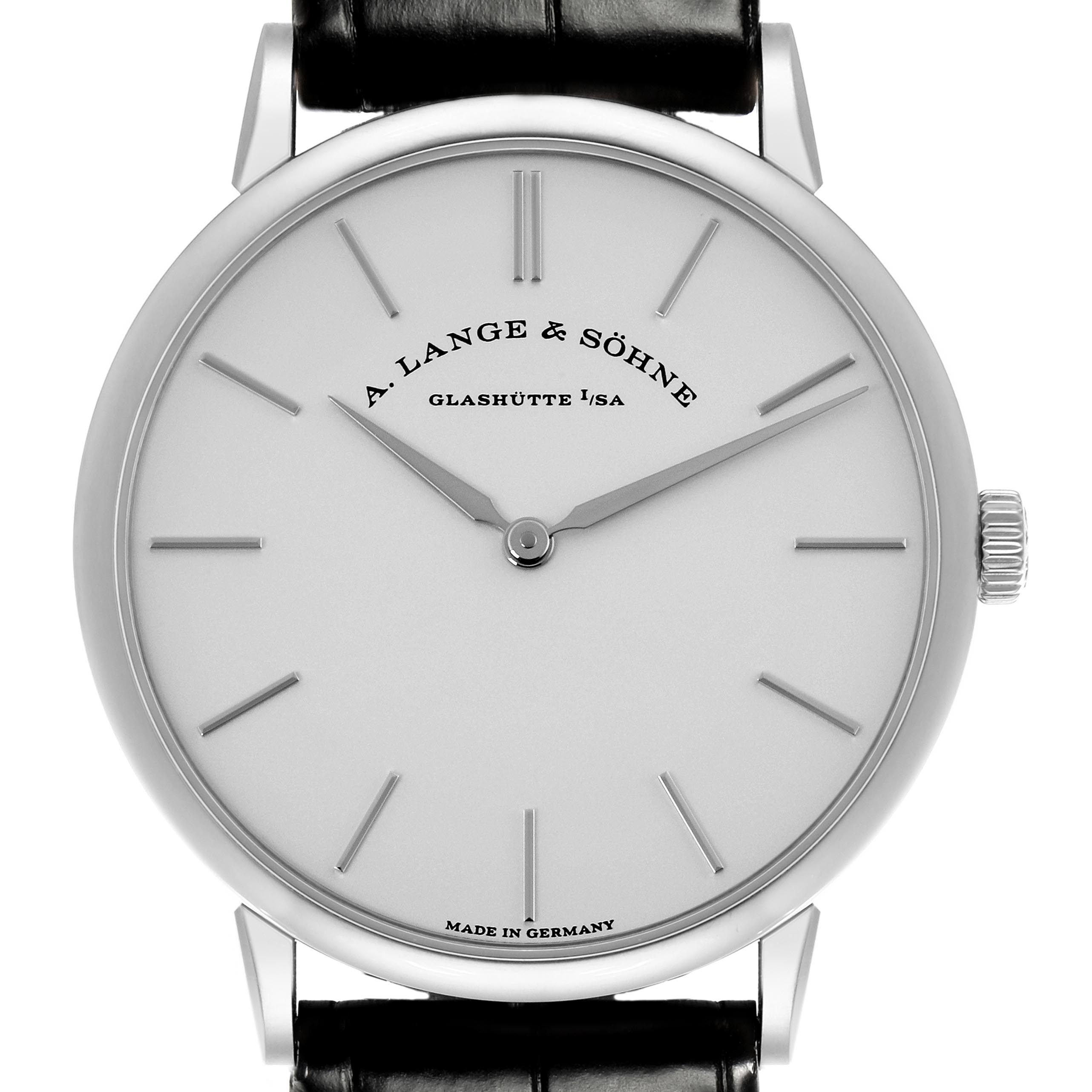 The watch is a Saxonia model by A. Lange & Söhne, shown from the front highlighting the dial, hour markers, and crown.