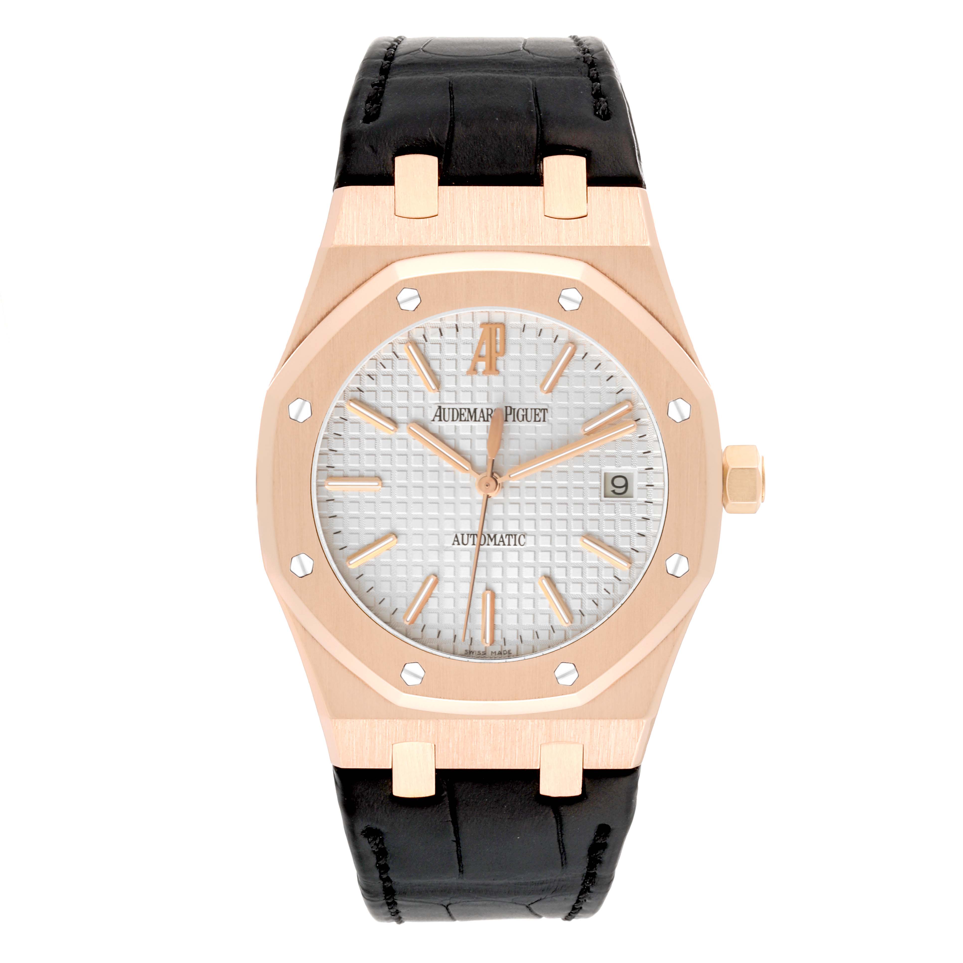 This image shows a front view of the Audemars Piguet Royal Oak 15300OR.OO.D088CR.02 Men's Rose Gold Silver Dial 15300OR.OO.D088CR.02 Men's Rose Gold Silver Dial watch, highlighting its dial, bezel, crown, and strap.