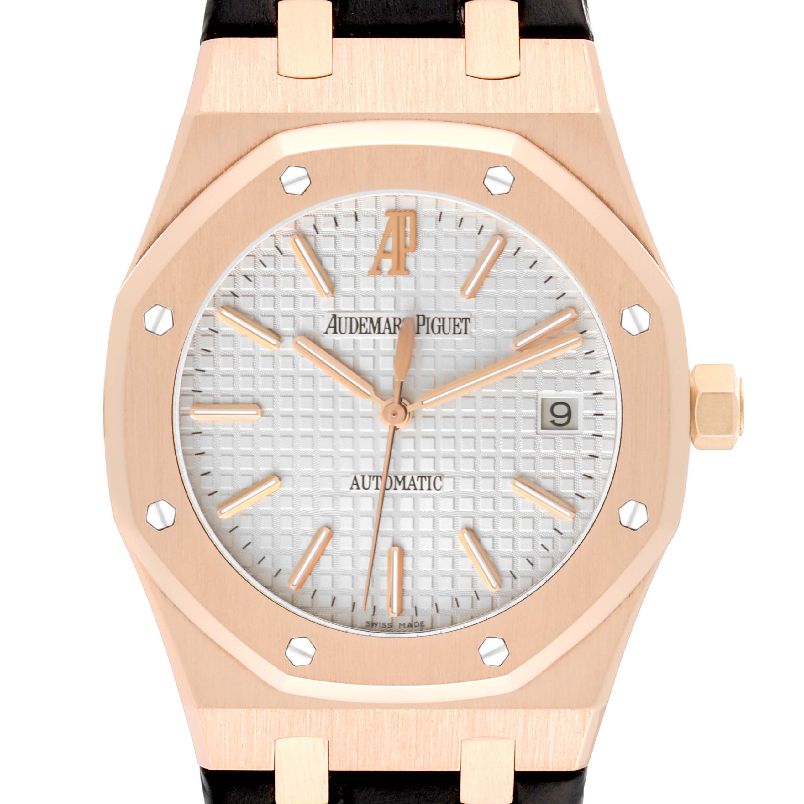 This image depicts a front angle view of the Audemars Piguet Royal Oak 15300OR.OO.D088CR.02 Men's Rose Gold Silver Dial 15300OR.OO.D088CR.02 Men's Rose Gold Silver Dial watch, highlighting the dial, bezel, and strap.