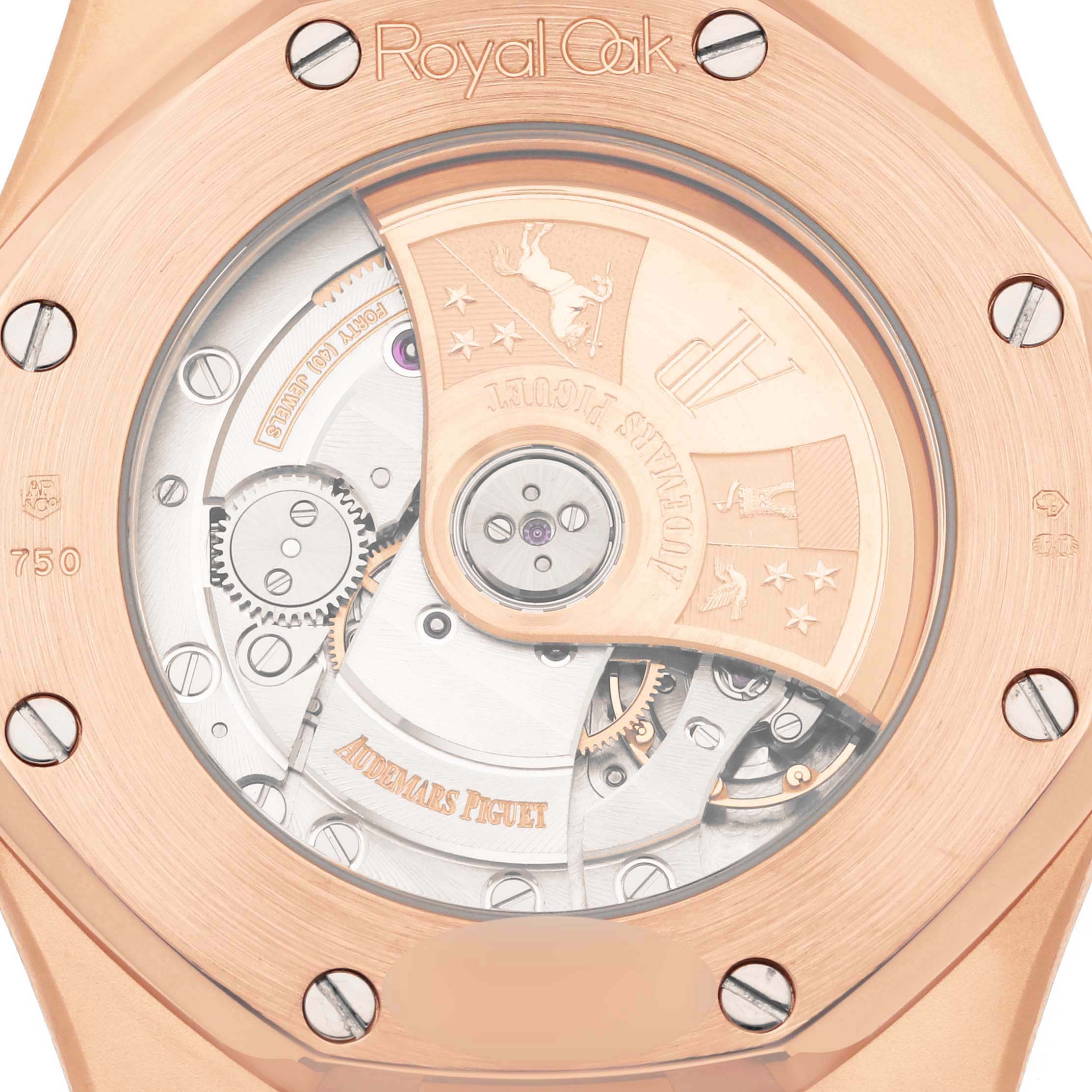 This image shows the back of an Audemars Piguet Royal Oak 15300OR.OO.D088CR.02 Men's Rose Gold Silver Dial 15300OR.OO.D088CR.02 Men's Rose Gold Silver Dial watch, highlighting the rotor and internal mechanisms.