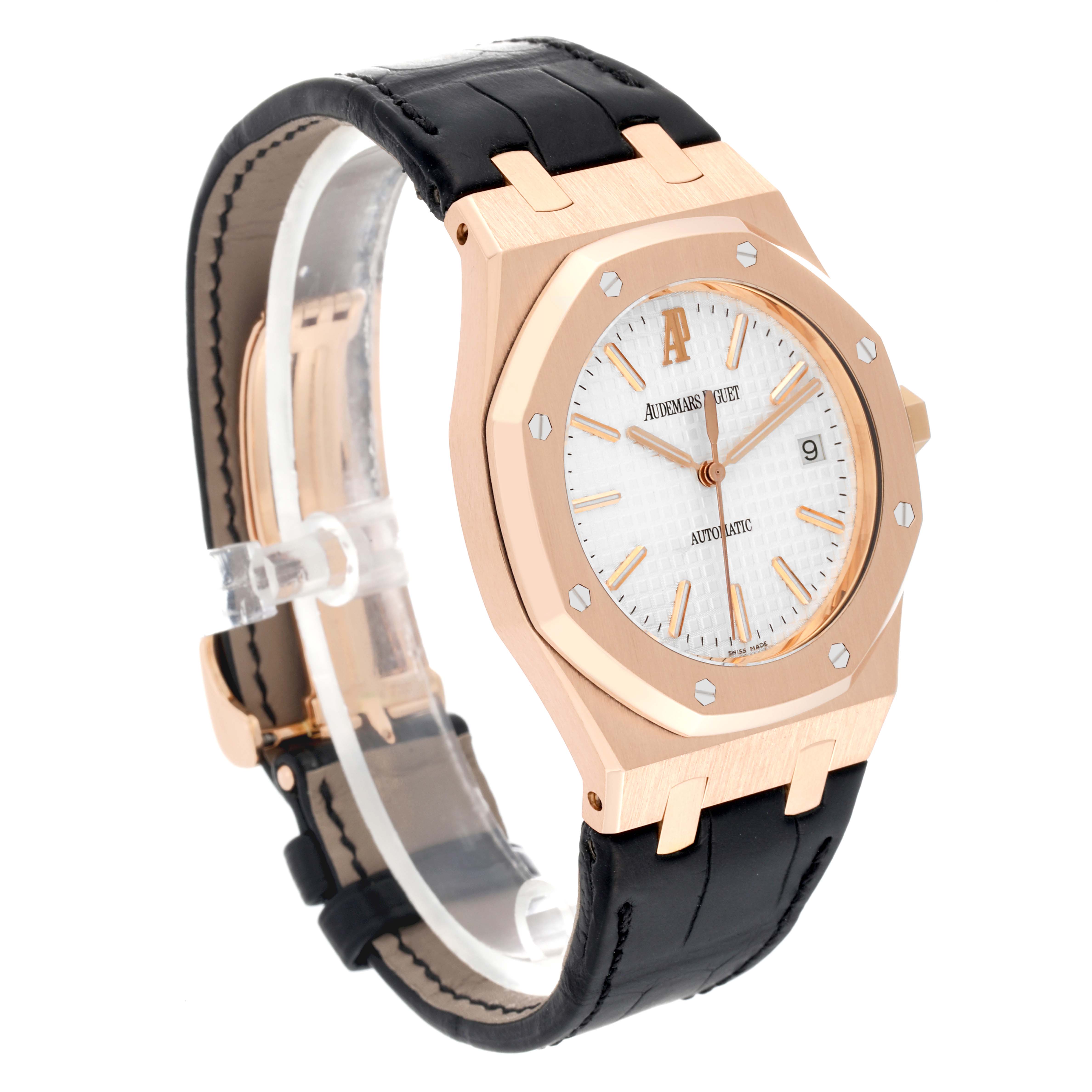 The image shows a side-angle view of the Audemars Piguet Royal Oak 15300OR.OO.D088CR.02 Men's Rose Gold Silver Dial 15300OR.OO.D088CR.02 Men's Rose Gold Silver Dial watch, highlighting the face, bezel, crown, and leather strap.