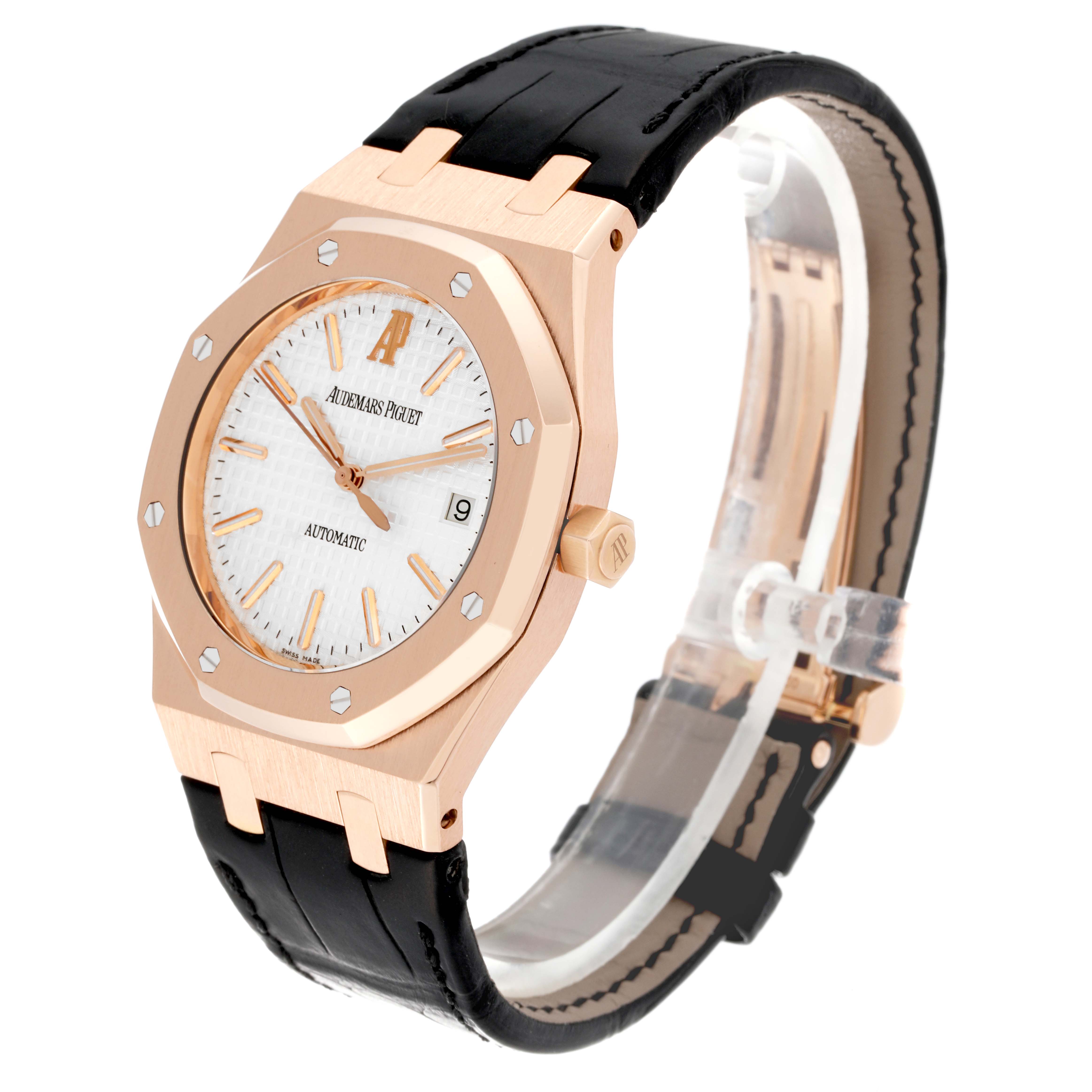 The image shows a side-angle view of an Audemars Piguet Royal Oak 15300OR.OO.D088CR.02 Men's Rose Gold Silver Dial 15300OR.OO.D088CR.02 Men's Rose Gold Silver Dial watch, highlighting its face, bezel, case, and strap.