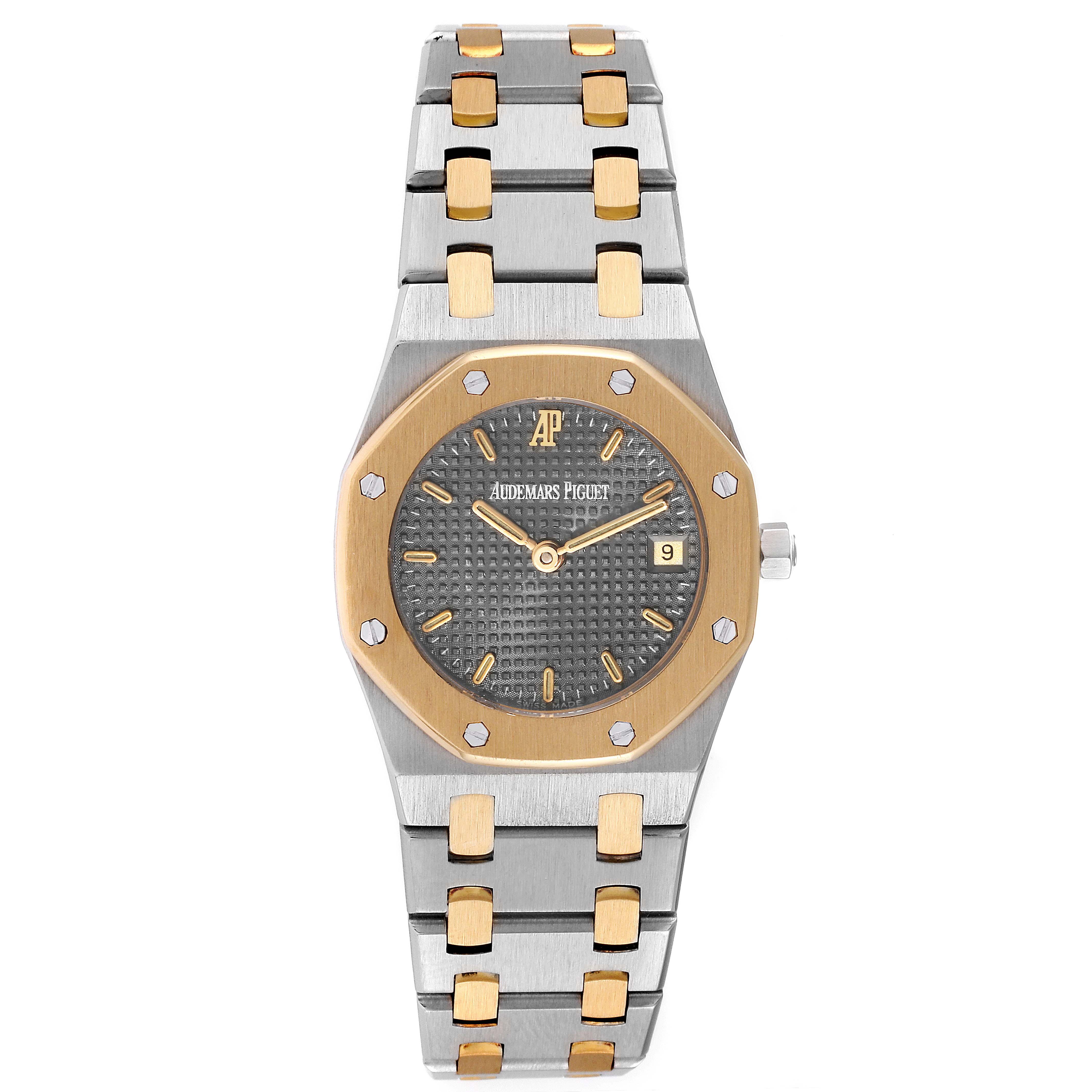 The image shows a front-angle view of the Audemars Piguet Royal Oak Women's Steel and Gold (two tone) Grey Dial Women's Steel and Gold (two tone) Grey Dial watch, highlighting its dial, bezel, case, and bracelet.