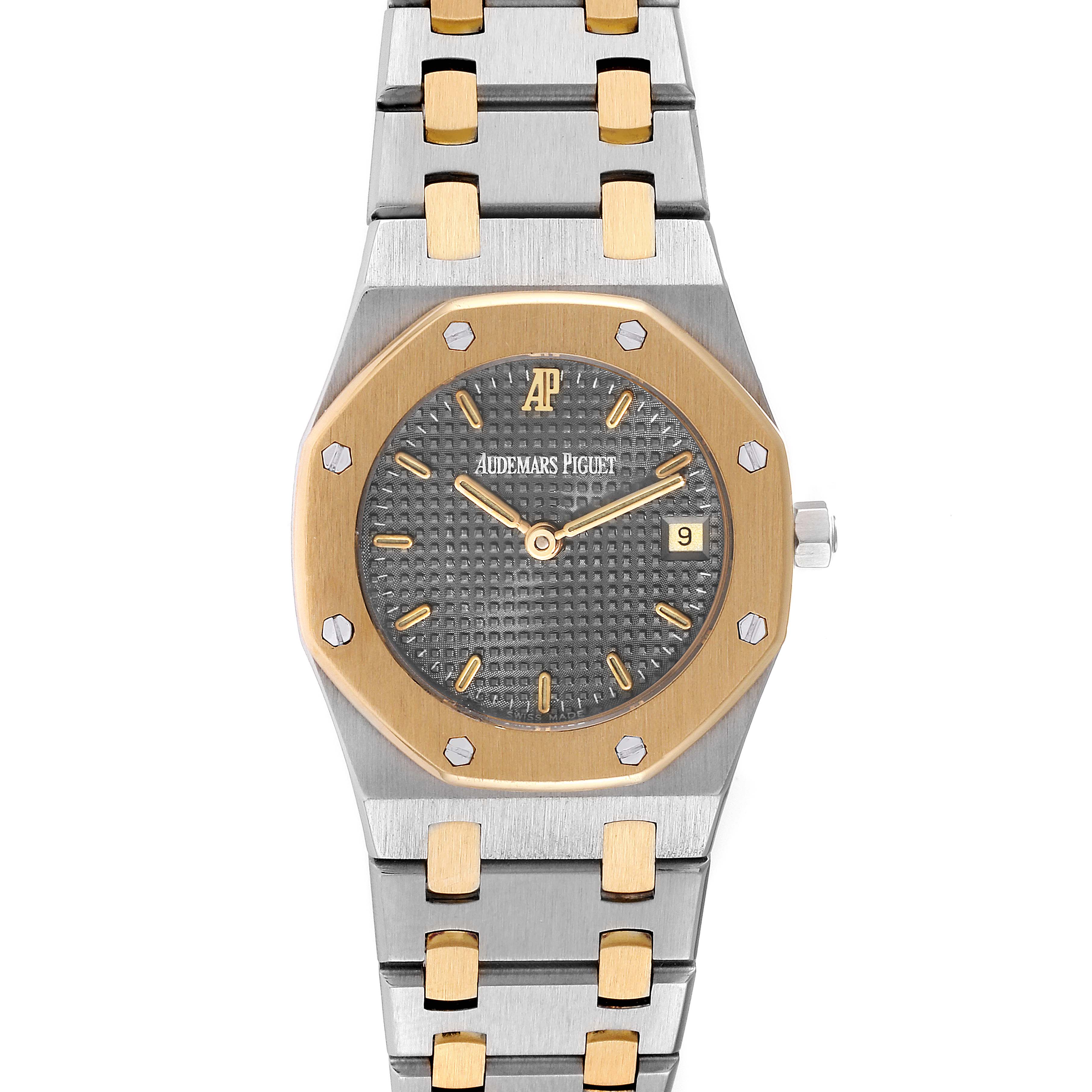 This Audemars Piguet Royal Oak Women's Steel and Gold (two tone) Grey Dial Women's Steel and Gold (two tone) Grey Dial watch is shown from a front angle, displaying the dial, bezel, and bracelet.