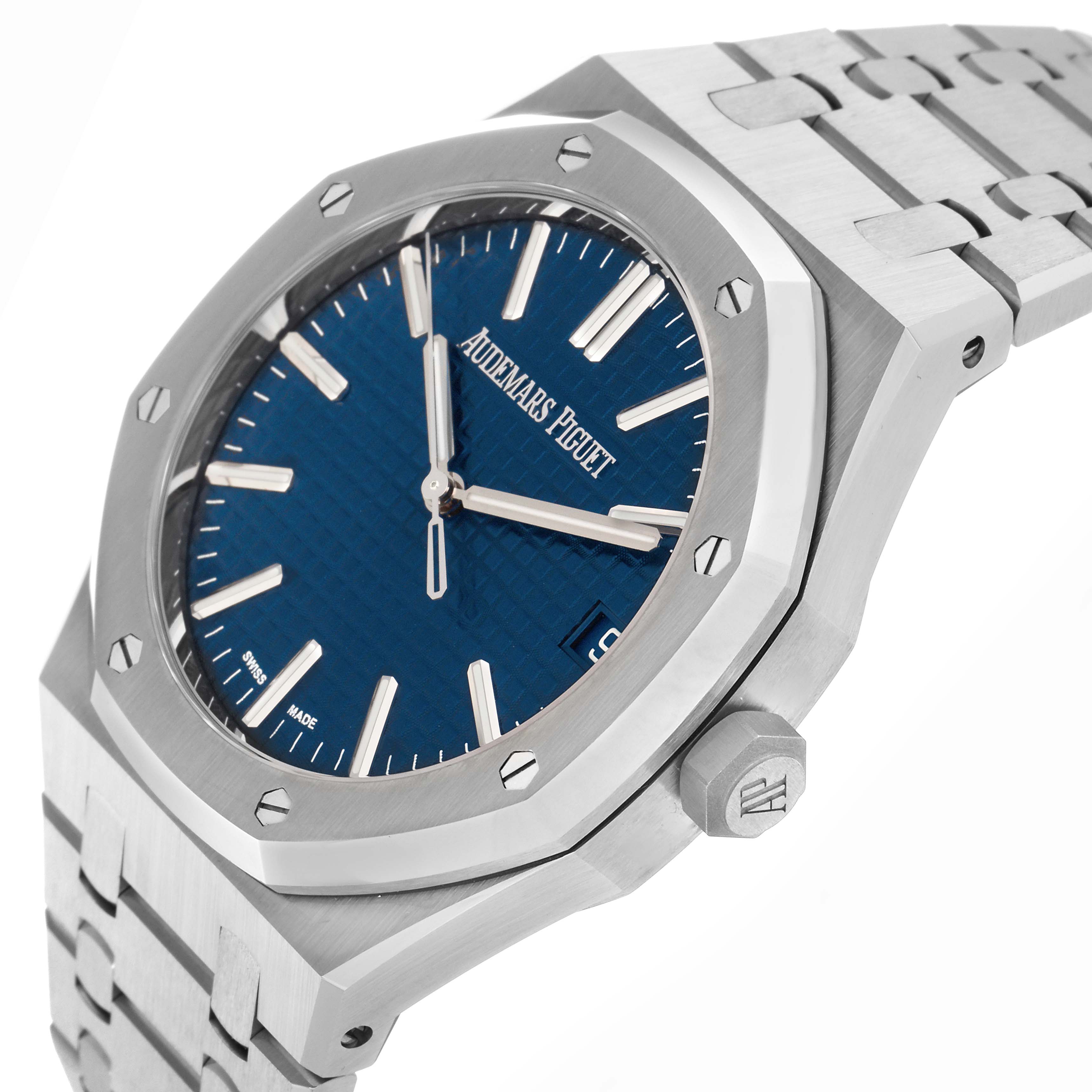 The Audemars Piguet Royal Oak 15500ST.OO.1220ST.01 Men's Stainless Steel Blue Dial 15500ST.OO.1220ST.01 Men's Stainless Steel Blue Dial watch is shown at a slight angle, highlighting the case, bezel, crown, bracelet, and blue dial.