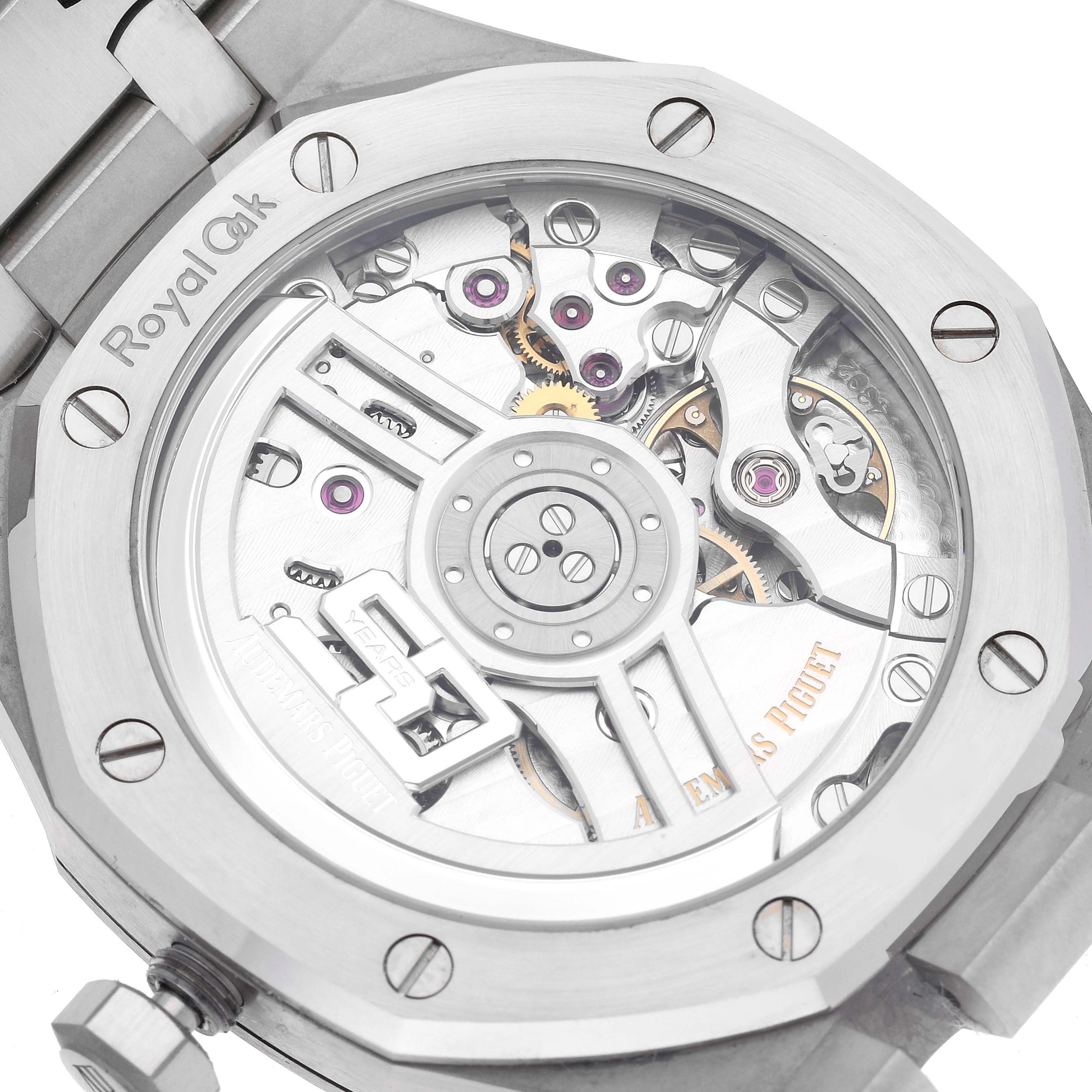 The image shows the exhibition case back of an Audemars Piguet Royal Oak 15500ST.OO.1220ST.01 Men's Stainless Steel Blue Dial 15500ST.OO.1220ST.01 Men's Stainless Steel Blue Dial, highlighting its intricate movement.