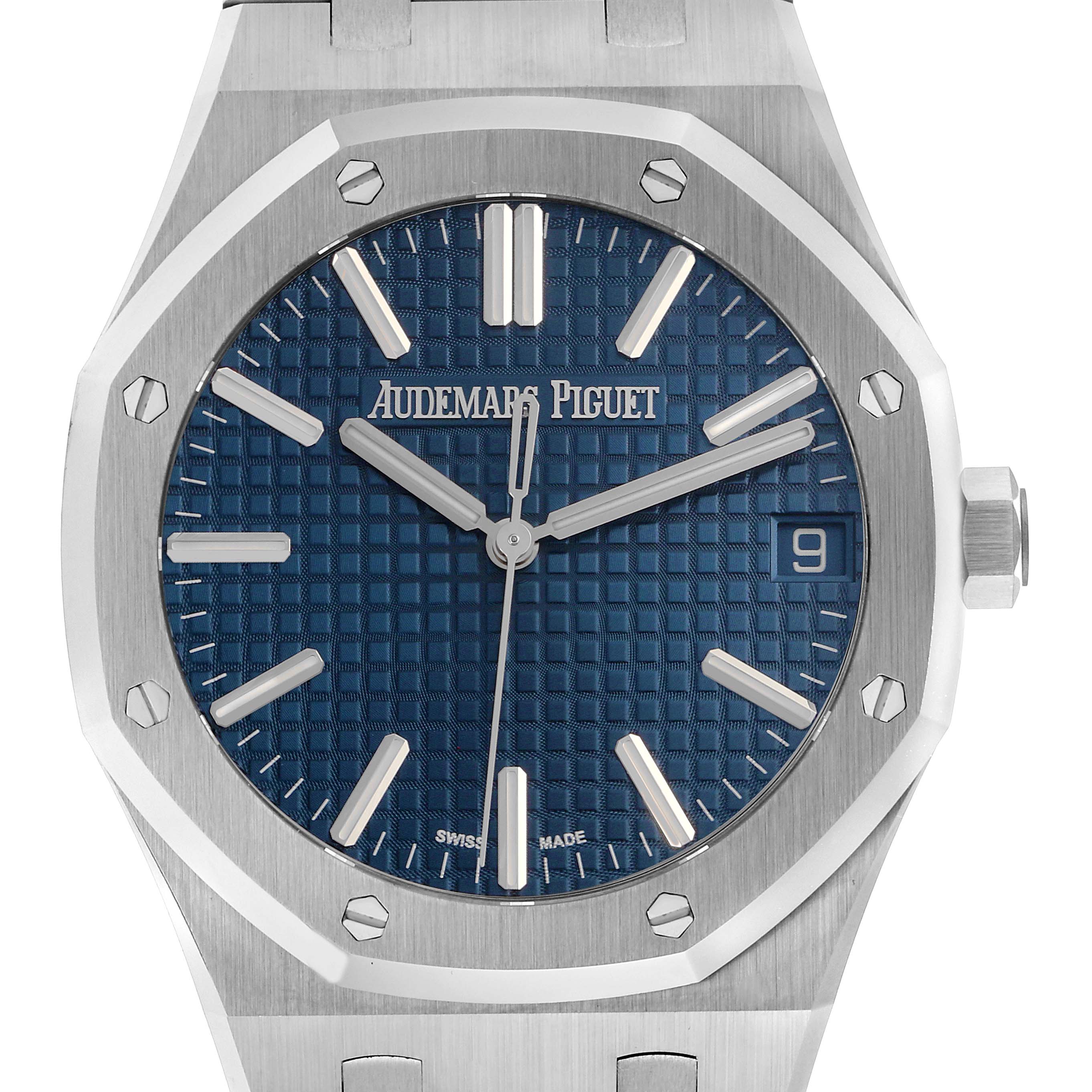 The Audemars Piguet Royal Oak 15500ST.OO.1220ST.01 Men's Stainless Steel Blue Dial 15500ST.OO.1220ST.01 Men's Stainless Steel Blue Dial is shown from the front, highlighting its dial, bezel, and bracelet.