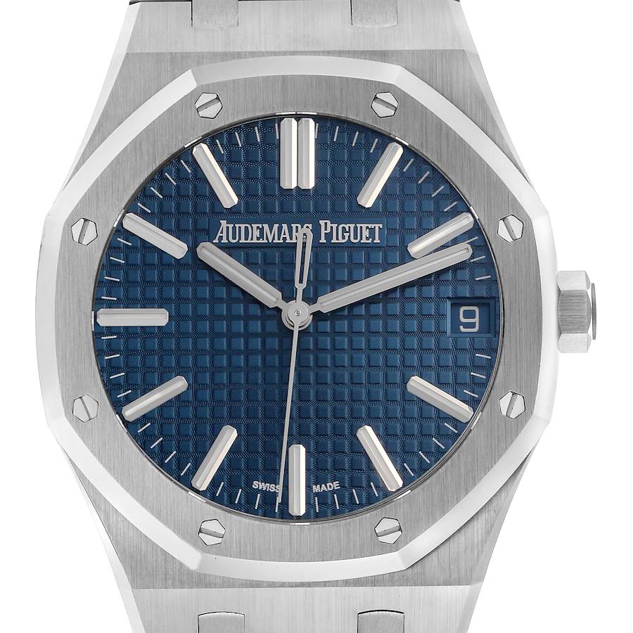 The Audemars Piguet Royal Oak is shown from the front, highlighting its dial, bezel, and bracelet.