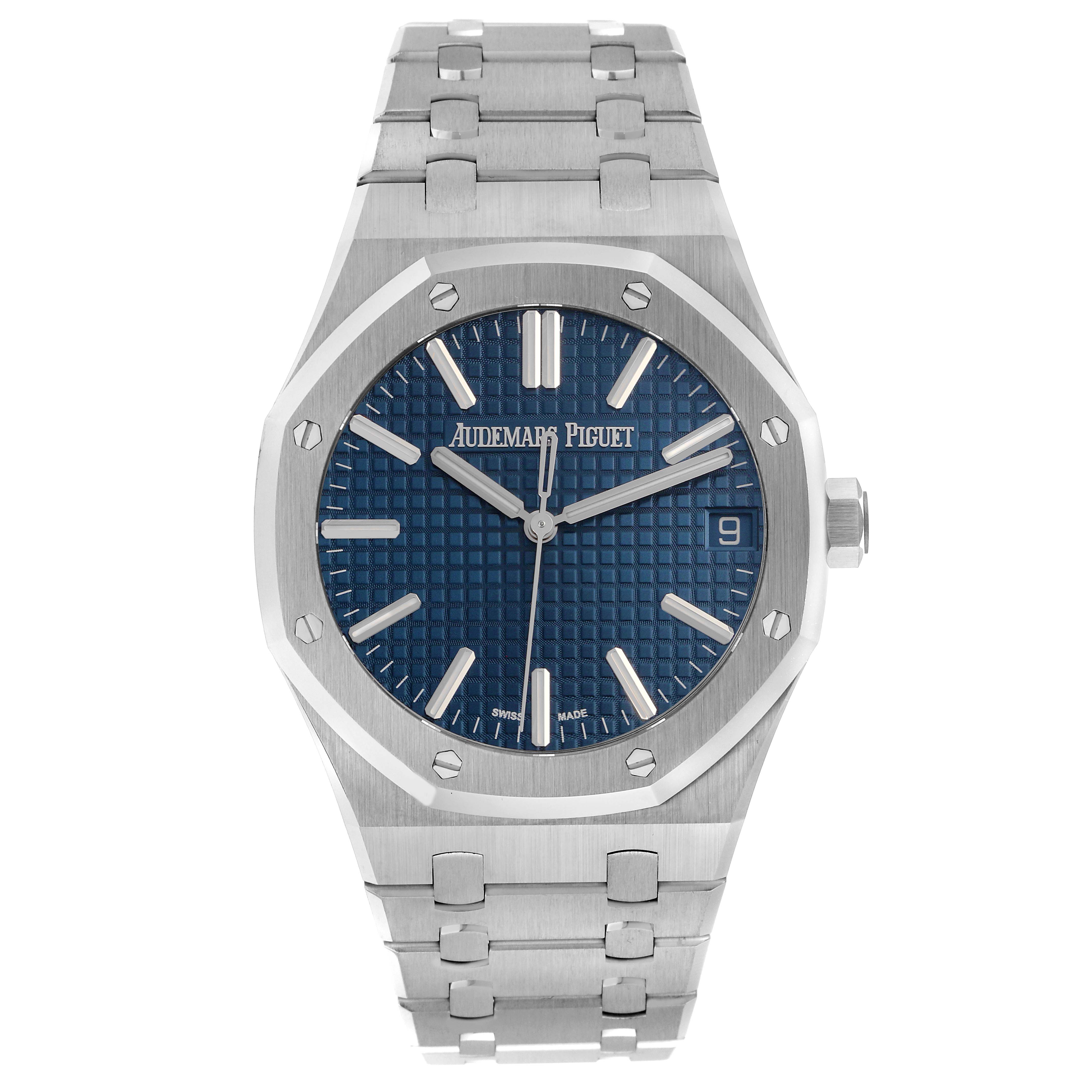 The Audemars Piguet Royal Oak 15500ST.OO.1220ST.01 Men's Stainless Steel Blue Dial 15500ST.OO.1220ST.01 Men's Stainless Steel Blue Dial watch is shown from the front, displaying the dial, bezel, hands, and bracelet.