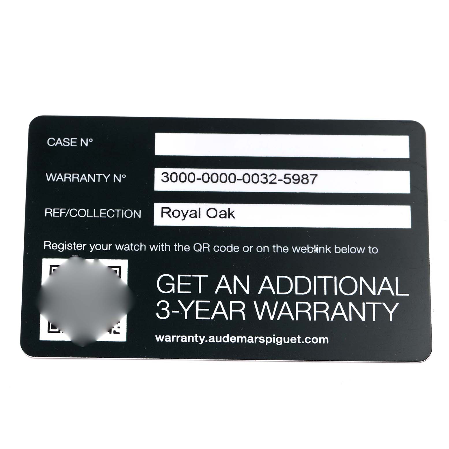 The image shows a warranty card for a Royal Oak model by Audemars Piguet, displaying warranty and case numbers.