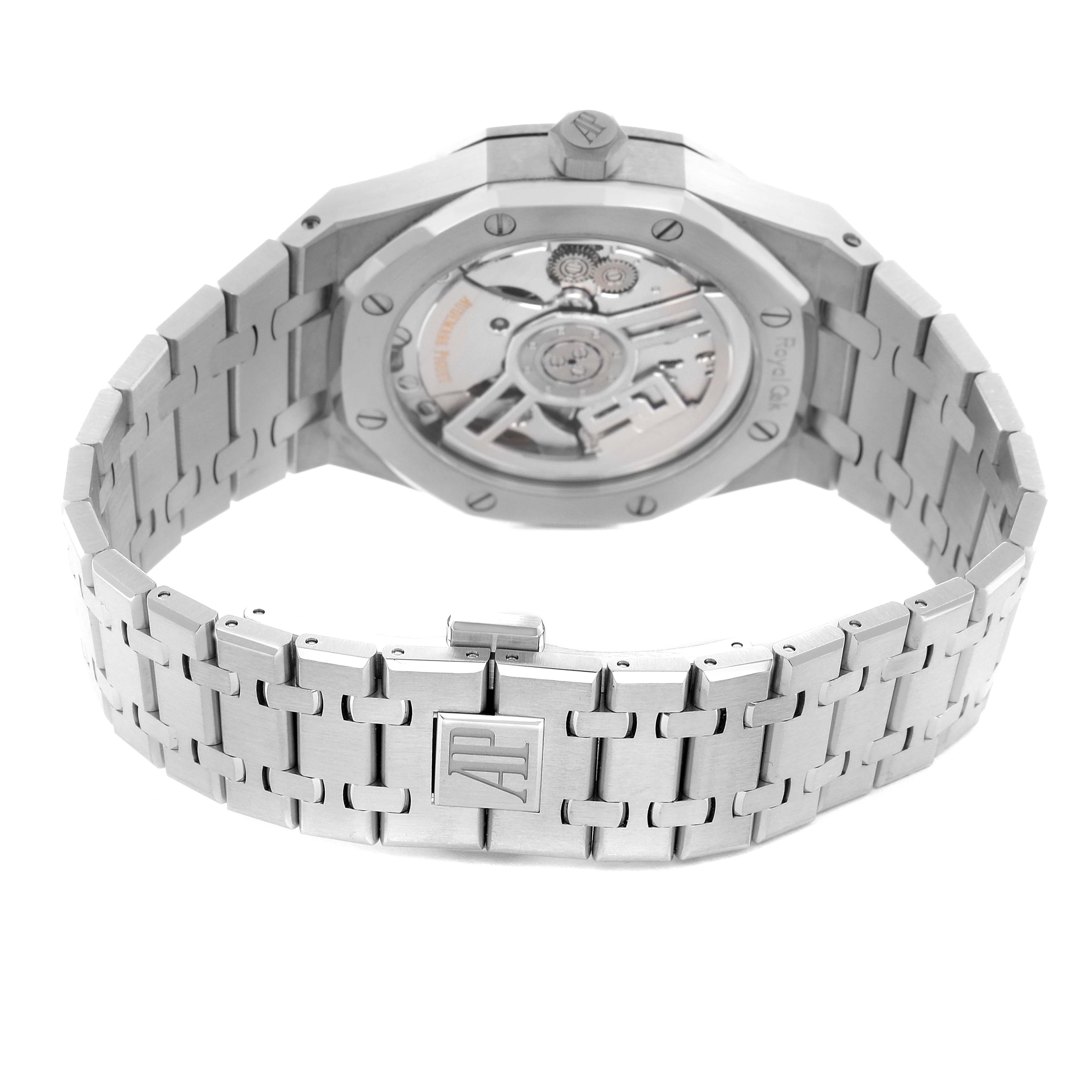 The image shows the back of an Audemars Piguet Royal Oak 15500ST.OO.1220ST.01 Men's Stainless Steel Blue Dial 15500ST.OO.1220ST.01 Men's Stainless Steel Blue Dial, highlighting its caseback and bracelet with visible logo.