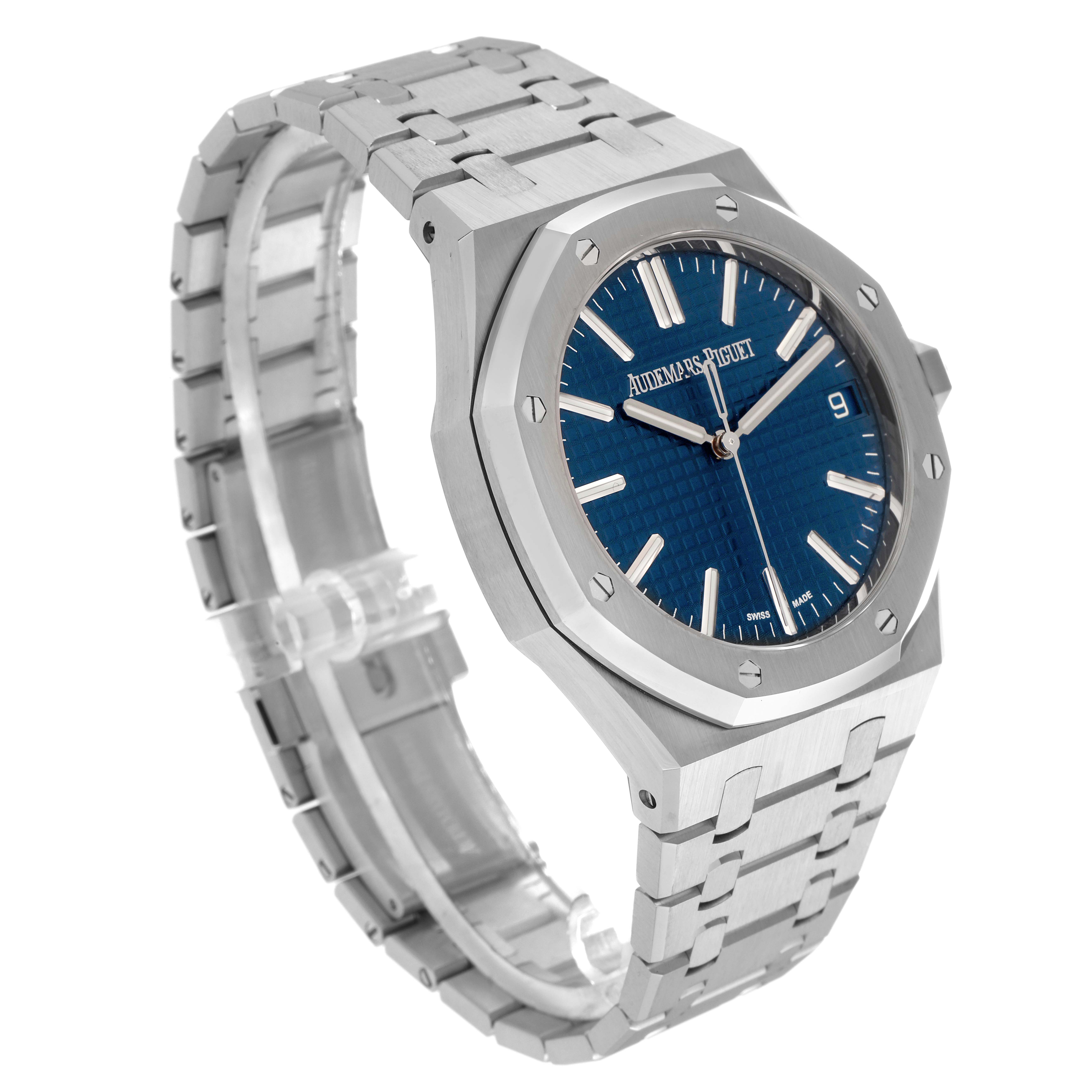 The Audemars Piguet Royal Oak 15500ST.OO.1220ST.01 Men's Stainless Steel Blue Dial 15500ST.OO.1220ST.01 Men's Stainless Steel Blue Dial watch is shown in a three-quarter angle, highlighting the blue dial, bezel, and bracelet.
