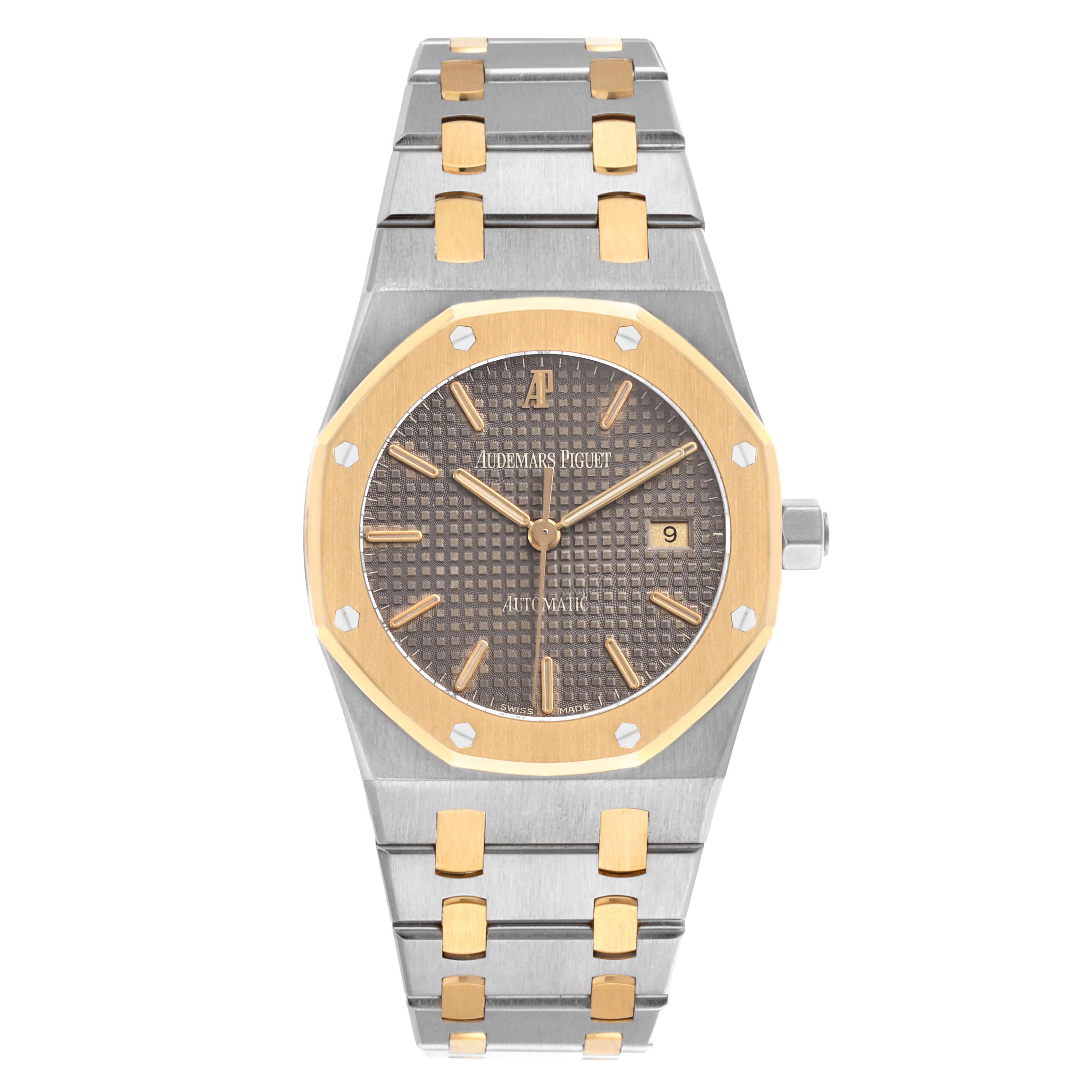 The Audemars Piguet Royal Oak 15000SA Men's Steel and Gold (two tone) Grey Dial watch is shown from a front angle, highlighting the dial, bezel, and bracelet.