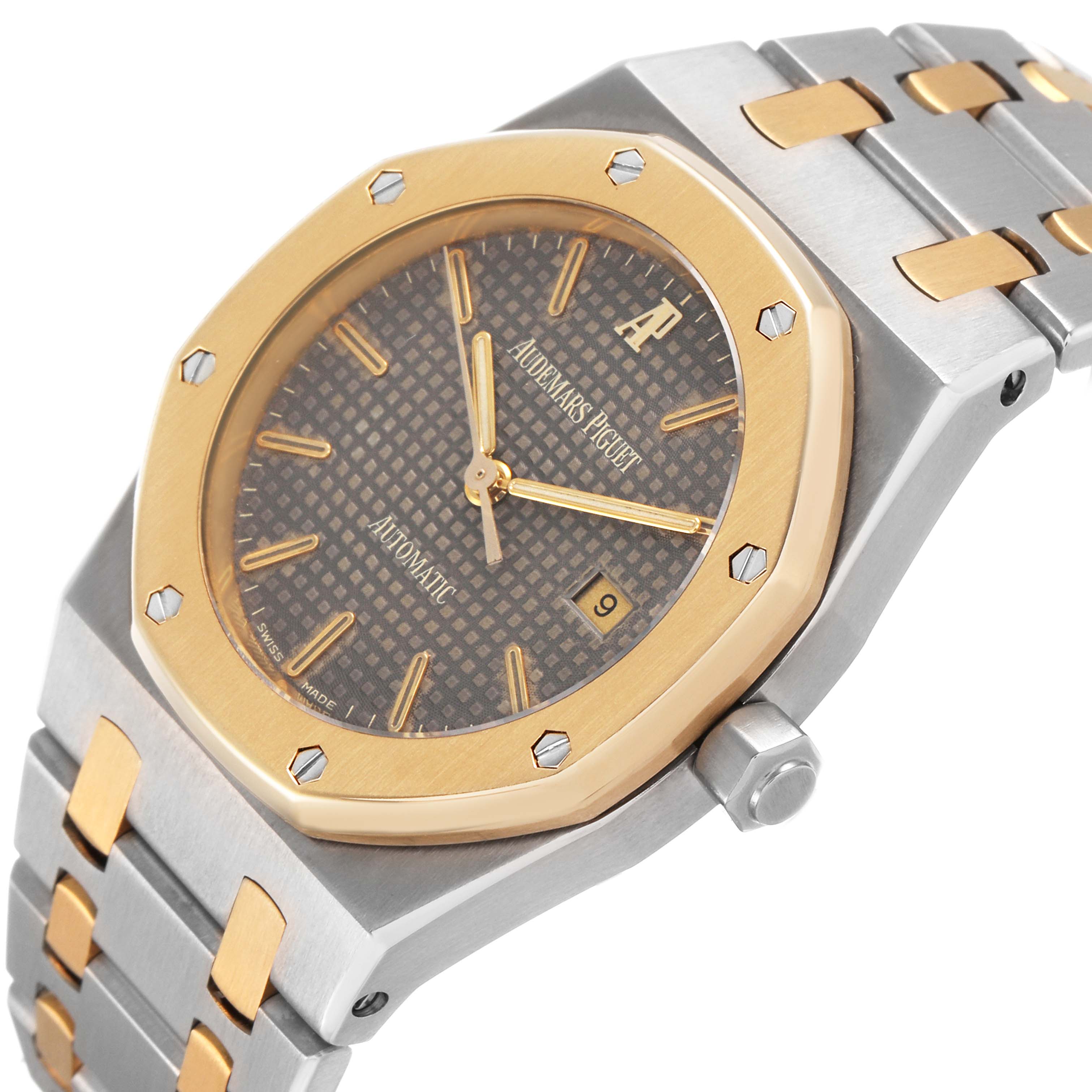 The Audemars Piguet Royal Oak 15000SA Men's Steel and Gold (two tone) Grey Dial watch is shown at an angle highlighting the bezel, dial, crown, and part of the bracelet.