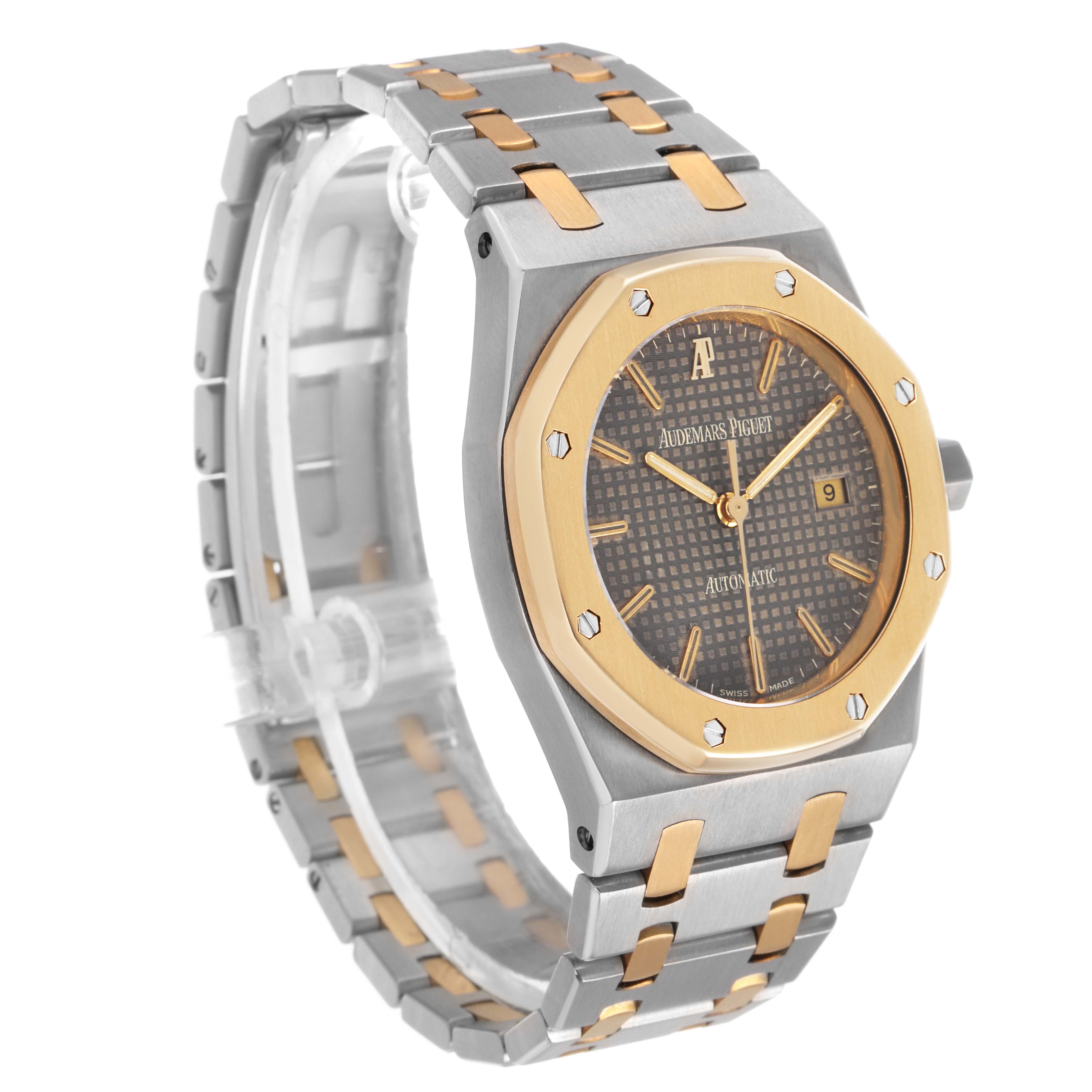 The Audemars Piguet Royal Oak 15000SA Men's Steel and Gold (two tone) Grey Dial is shown at a slight angle, highlighting its case, bezel, bracelet, and dial.