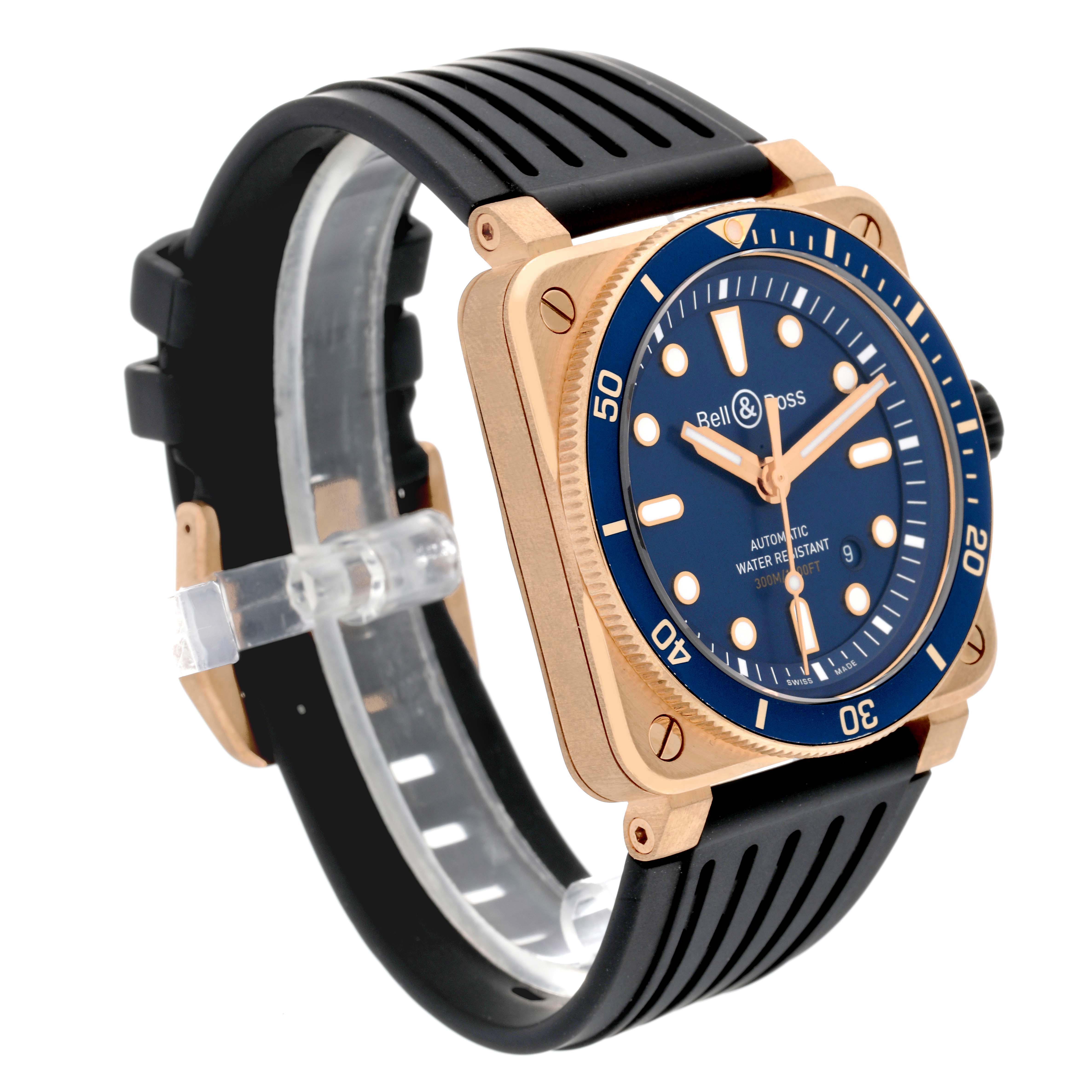 This Bell & Ross Instruments BR0392-D-LU-BR/SCA Men's Bronze Blue Dial BR0392-D-LU-BR/SCA Men's Bronze Blue Dial model watch is shown at a three-quarter view, highlighting the bezel, face, case, and strap.