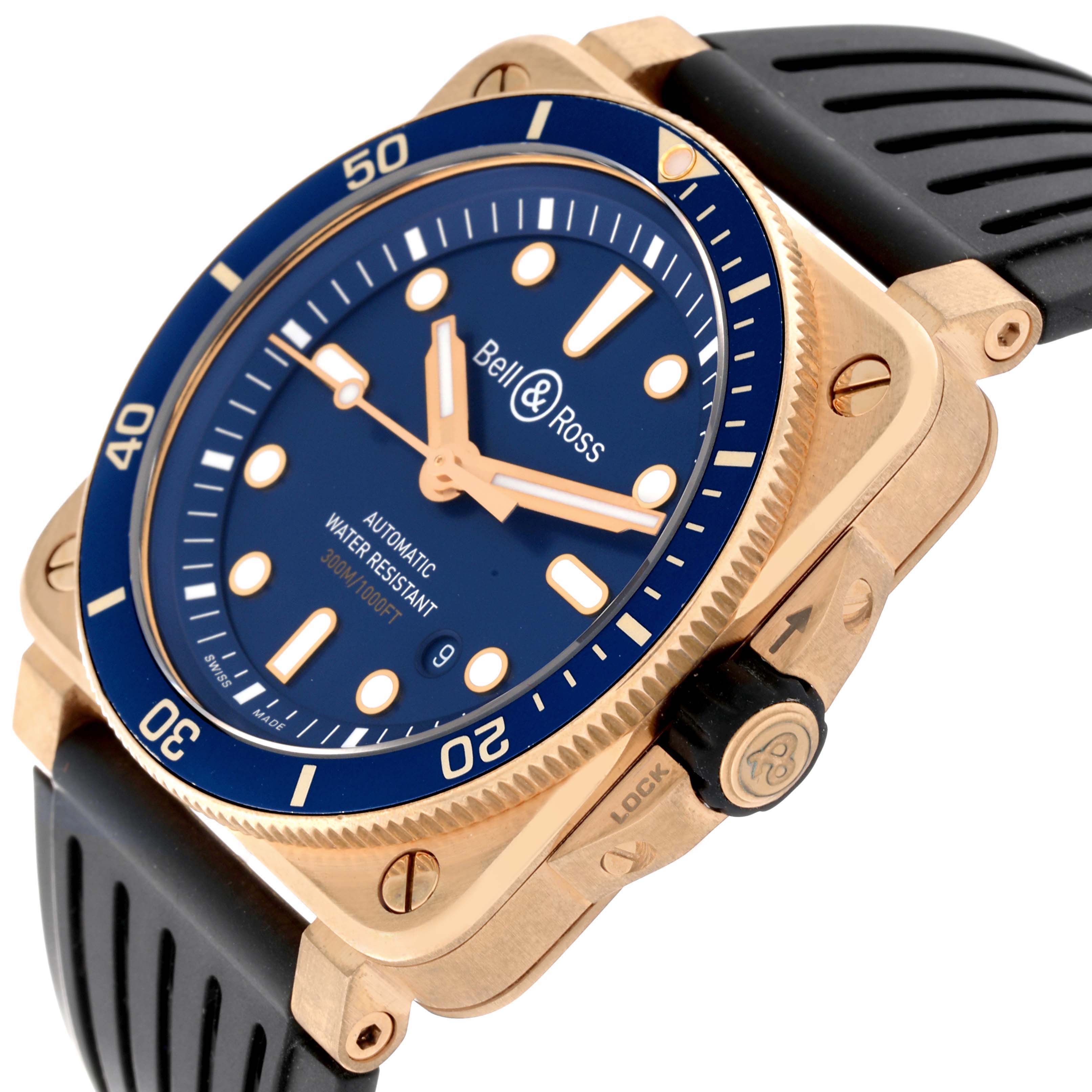 The Bell & Ross Instruments BR0392-D-LU-BR/SCA Men's Bronze Blue Dial BR0392-D-LU-BR/SCA Men's Bronze Blue Dial watch is shown at a three-quarter angle, displaying its face, crown, bezel, and part of the strap.