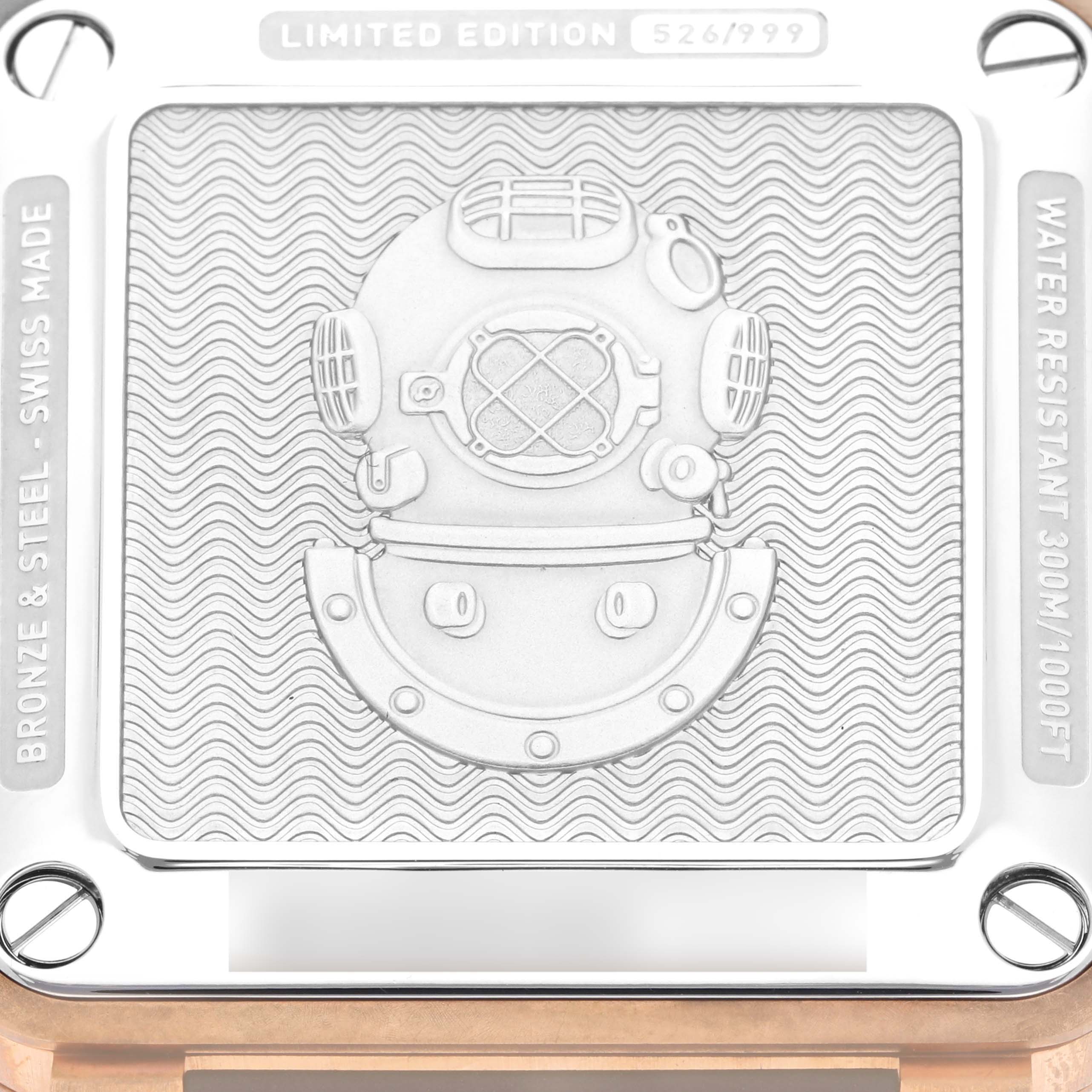 This is a back view of the Bell & Ross Instruments BR0392-D-LU-BR/SCA Men's Bronze Blue Dial BR0392-D-LU-BR/SCA Men's Bronze Blue Dial watch, showing its engraved case back with a diving helmet design and limited edition details.