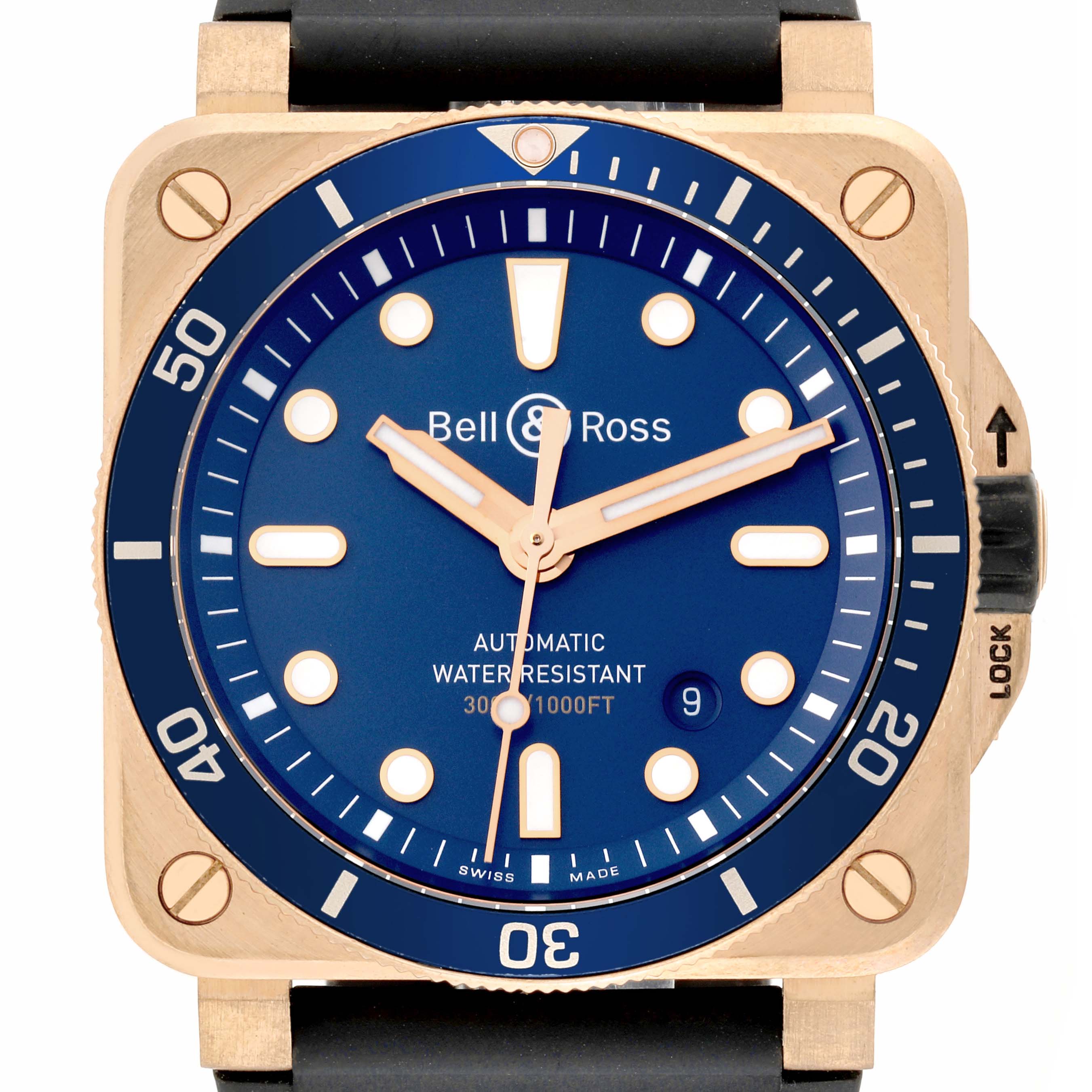 The image shows a frontal view of the Bell & Ross Instruments BR0392-D-LU-BR/SCA Men's Bronze Blue Dial BR0392-D-LU-BR/SCA Men's Bronze Blue Dial model watch, displaying its dial, bezel, and part of the strap.