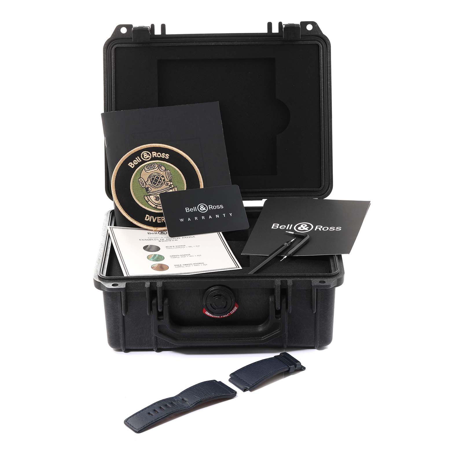 The image shows the accessories for the Instruments model by Bell & Ross, including a rugged case, warranty card, and additional straps.