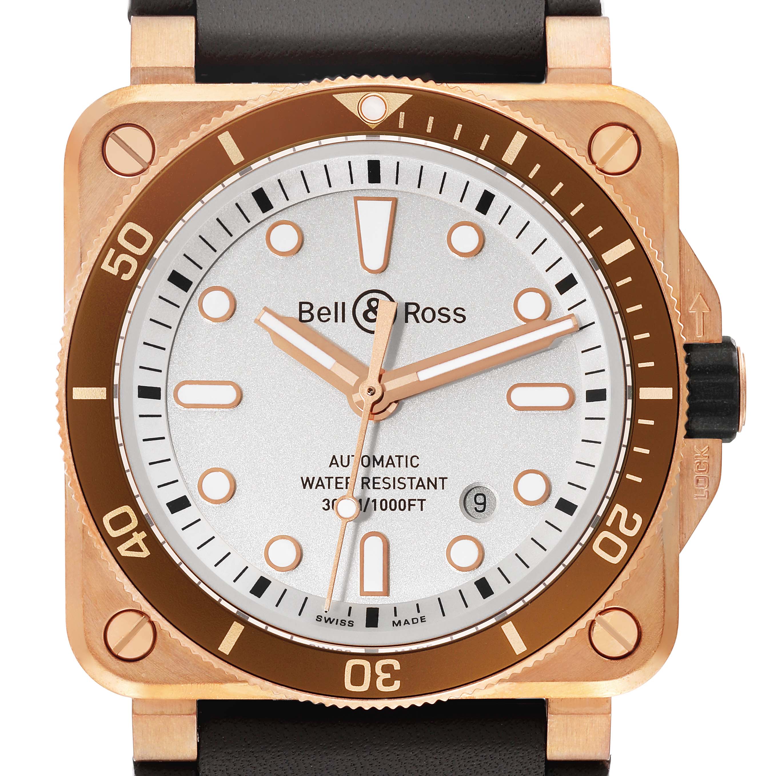 This image shows a front view of a Bell 
Ross Instruments BR0392-D-WH-BR/SCA Men
s Bronze Silver Dial BR0392-D-WH-BR/SCA Men
s Bronze Silver Dial model watch, highlighting the face, bezel, and part of the strap.