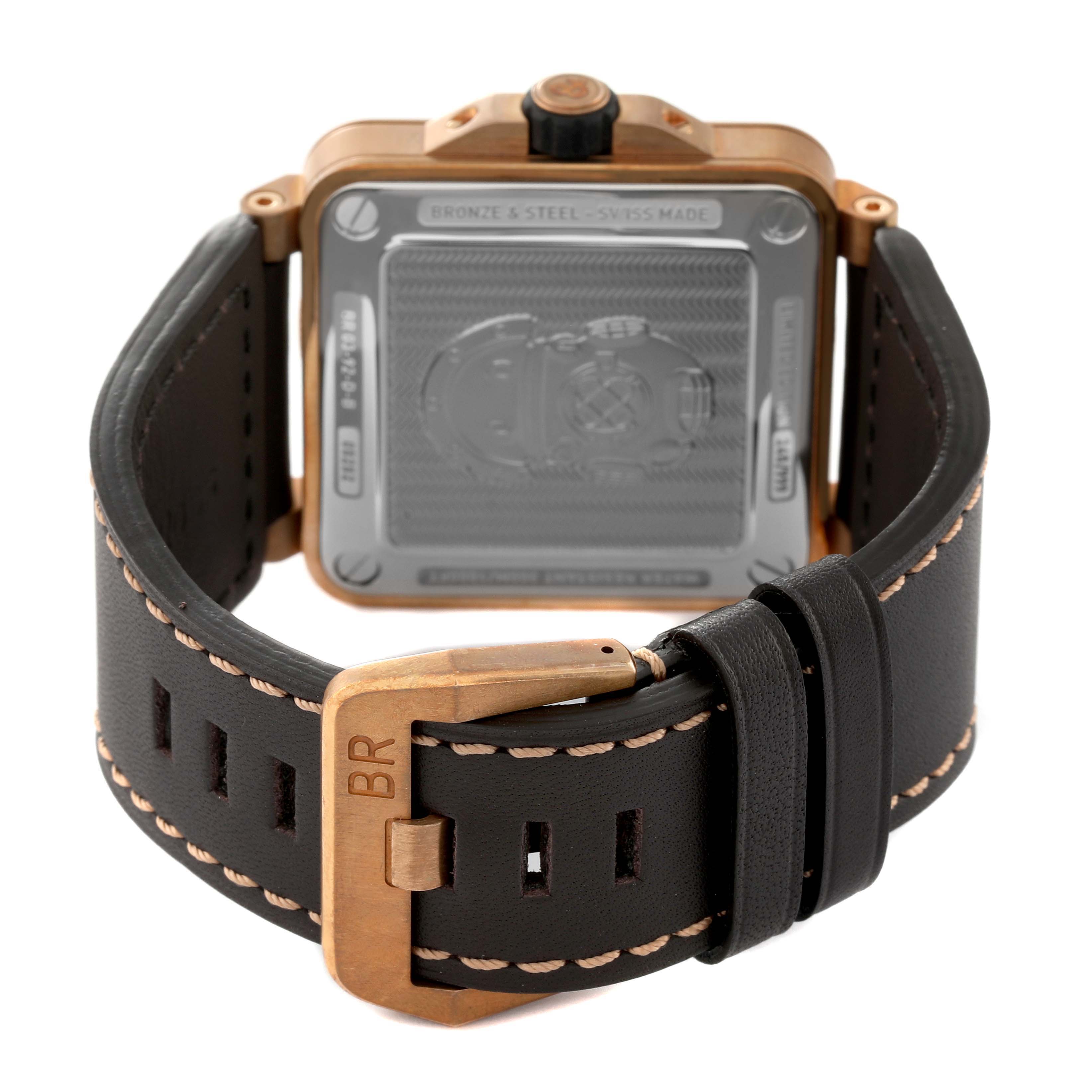 The image shows the back of the Bell 
Ross Instruments BR0392-D-WH-BR/SCA Men
s Bronze Silver Dial BR0392-D-WH-BR/SCA Men
s Bronze Silver Dial watch, focusing on the buckle and case back.
