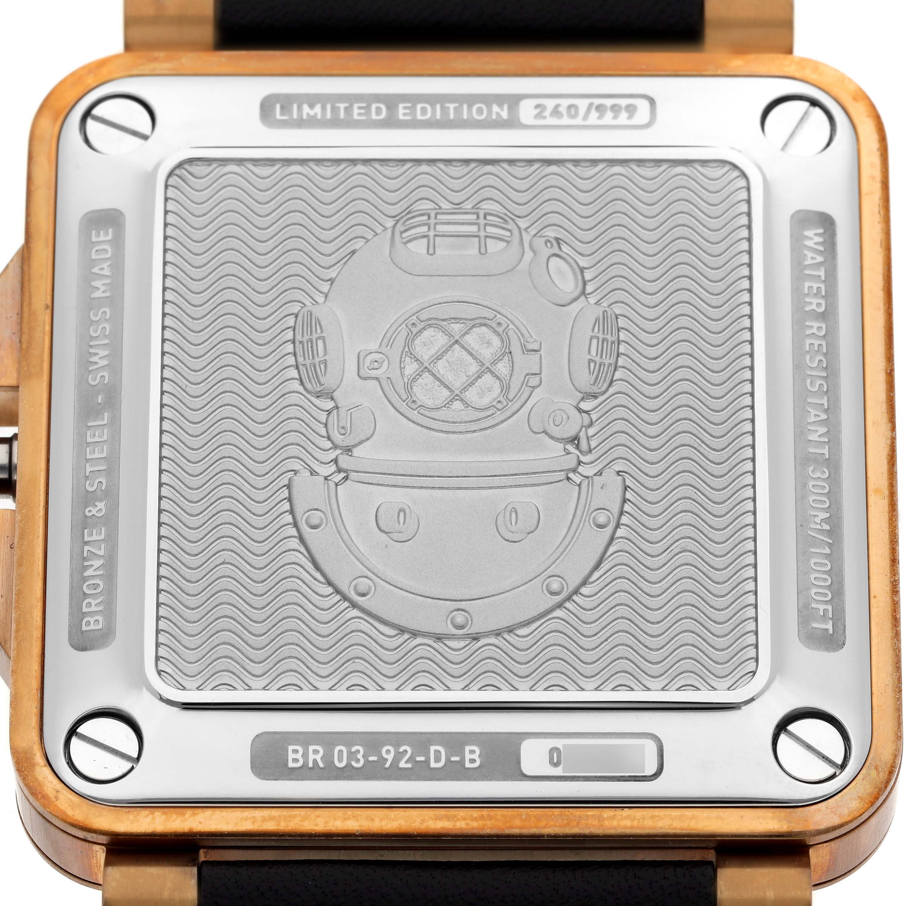 The image shows the back of a Bell 
Ross Instruments BR0392-D-WH-BR/SCA Men
s Bronze Silver Dial BR0392-D-WH-BR/SCA Men
s Bronze Silver Dial model watch, highlighting its limited edition engraving and water resistance details.