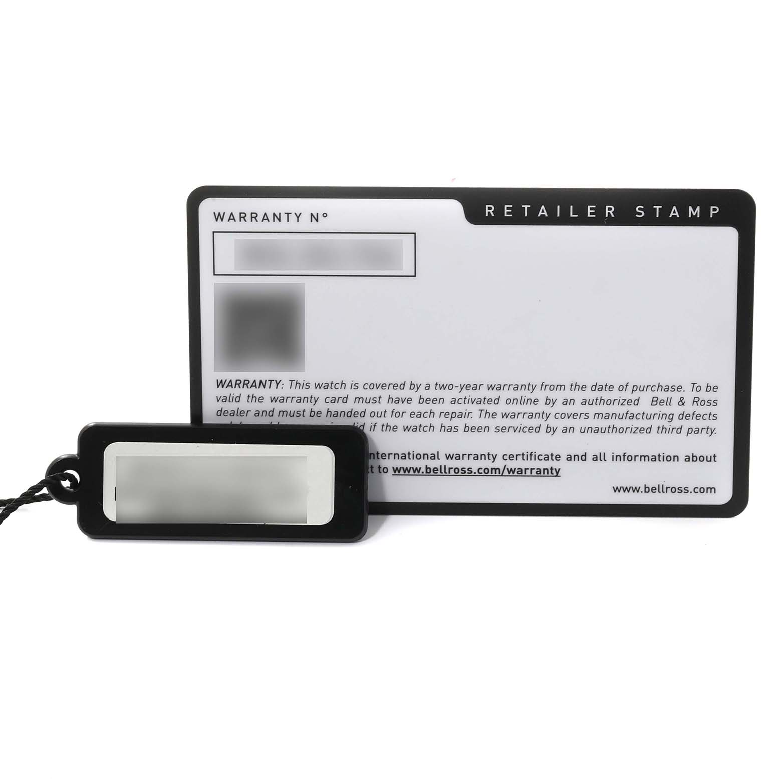 The image shows a warranty card and tag for the Instruments model by Bell 
Ross, viewed from the front.