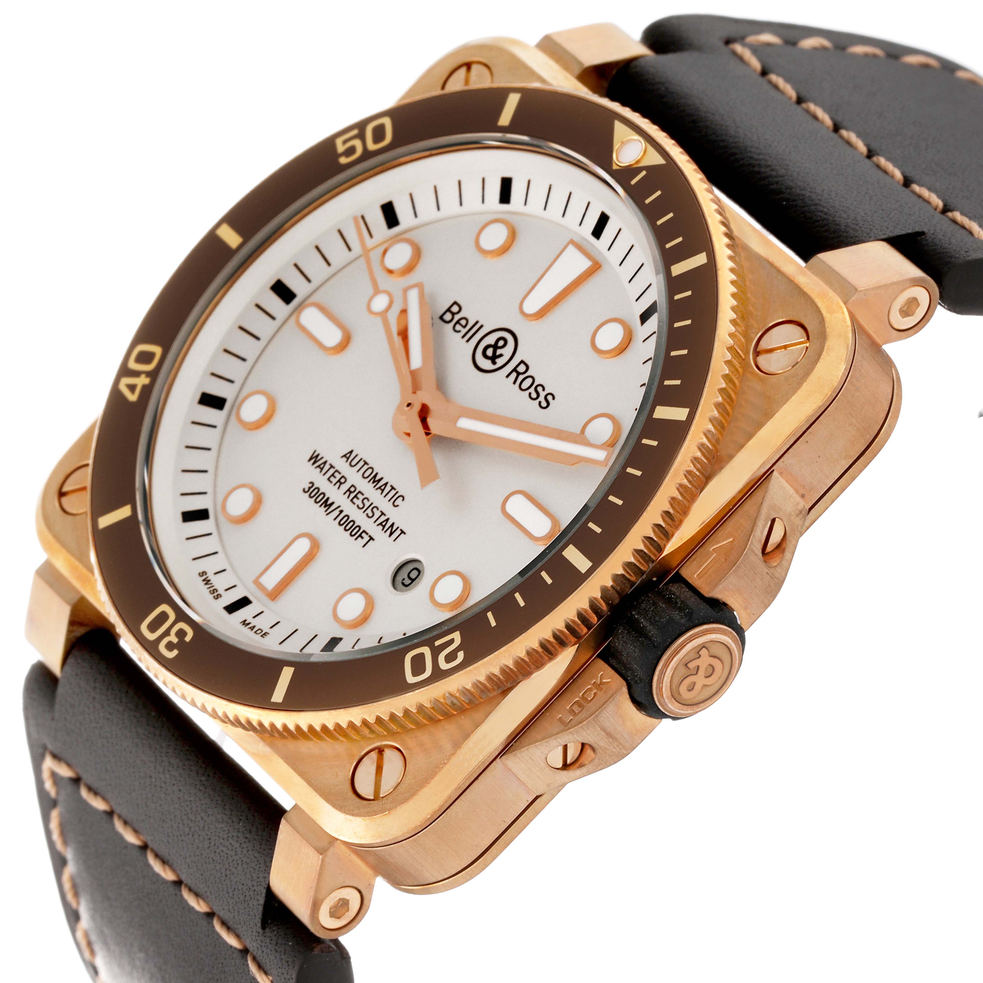 The image shows a Bell 
Ross Instruments BR0392-D-WH-BR/SCA Men
s Bronze Silver Dial BR0392-D-WH-BR/SCA Men
s Bronze Silver Dial model watch at an angled view highlighting the face, bezel, crown, and part of the strap.