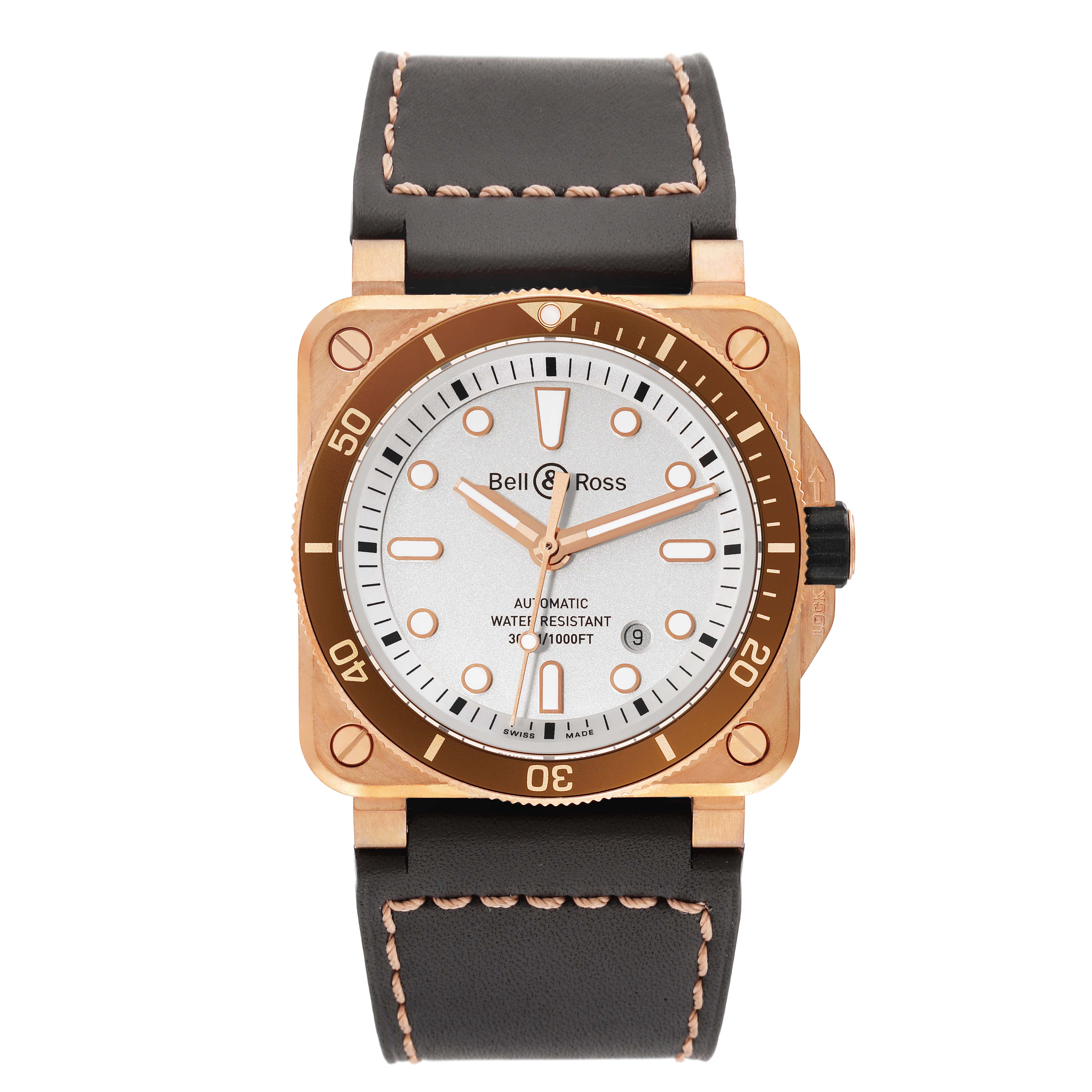 This image shows a front view of a Bell 
Ross Instruments BR0392-D-WH-BR/SCA Men
s Bronze Silver Dial BR0392-D-WH-BR/SCA Men
s Bronze Silver Dial model watch, featuring a square case, leather strap, and round dial.