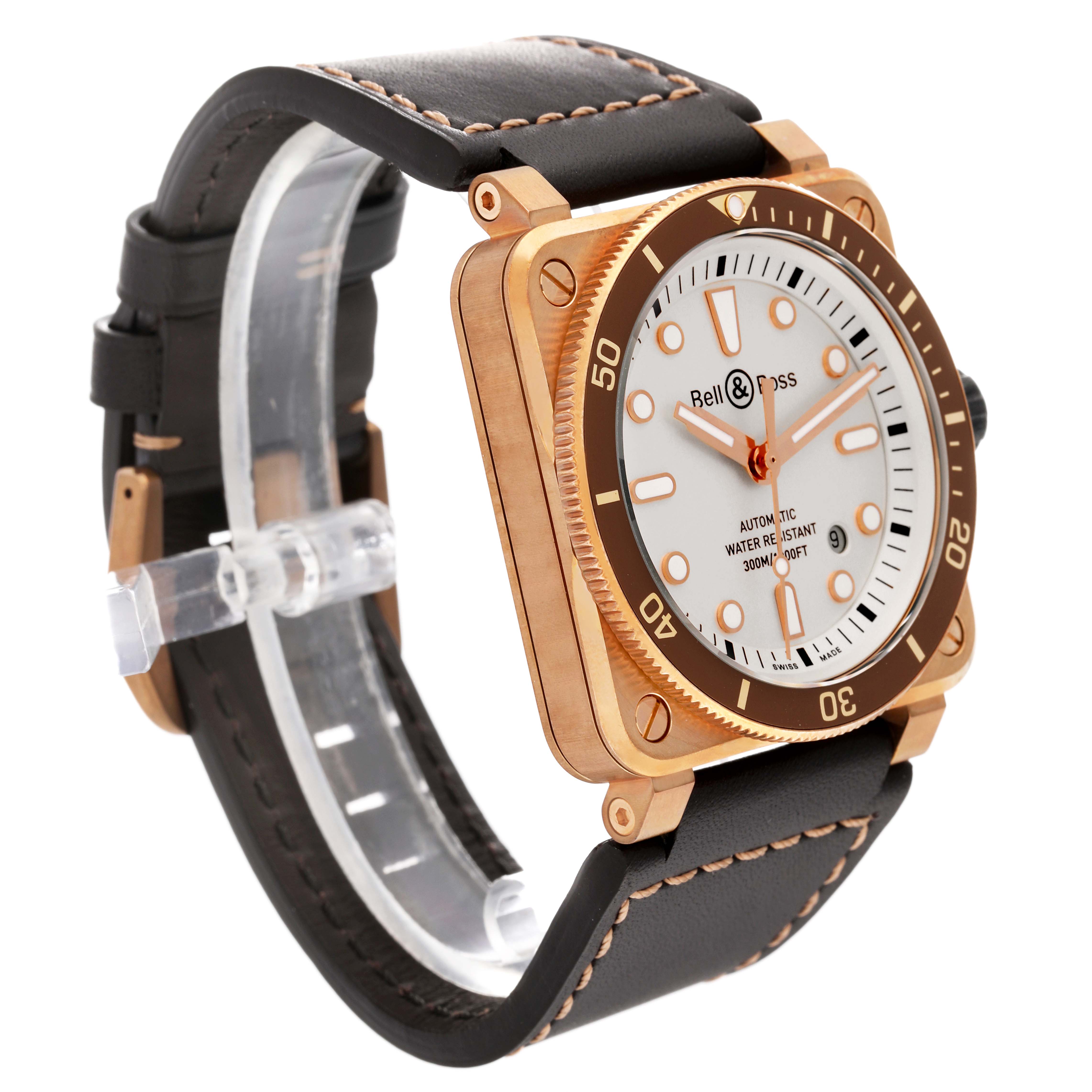 The image shows a side angle view of the Bell 
Ross Instruments BR0392-D-WH-BR/SCA Men
s Bronze Silver Dial BR0392-D-WH-BR/SCA Men
s Bronze Silver Dial model watch, highlighting its face, bezel, and leather strap.