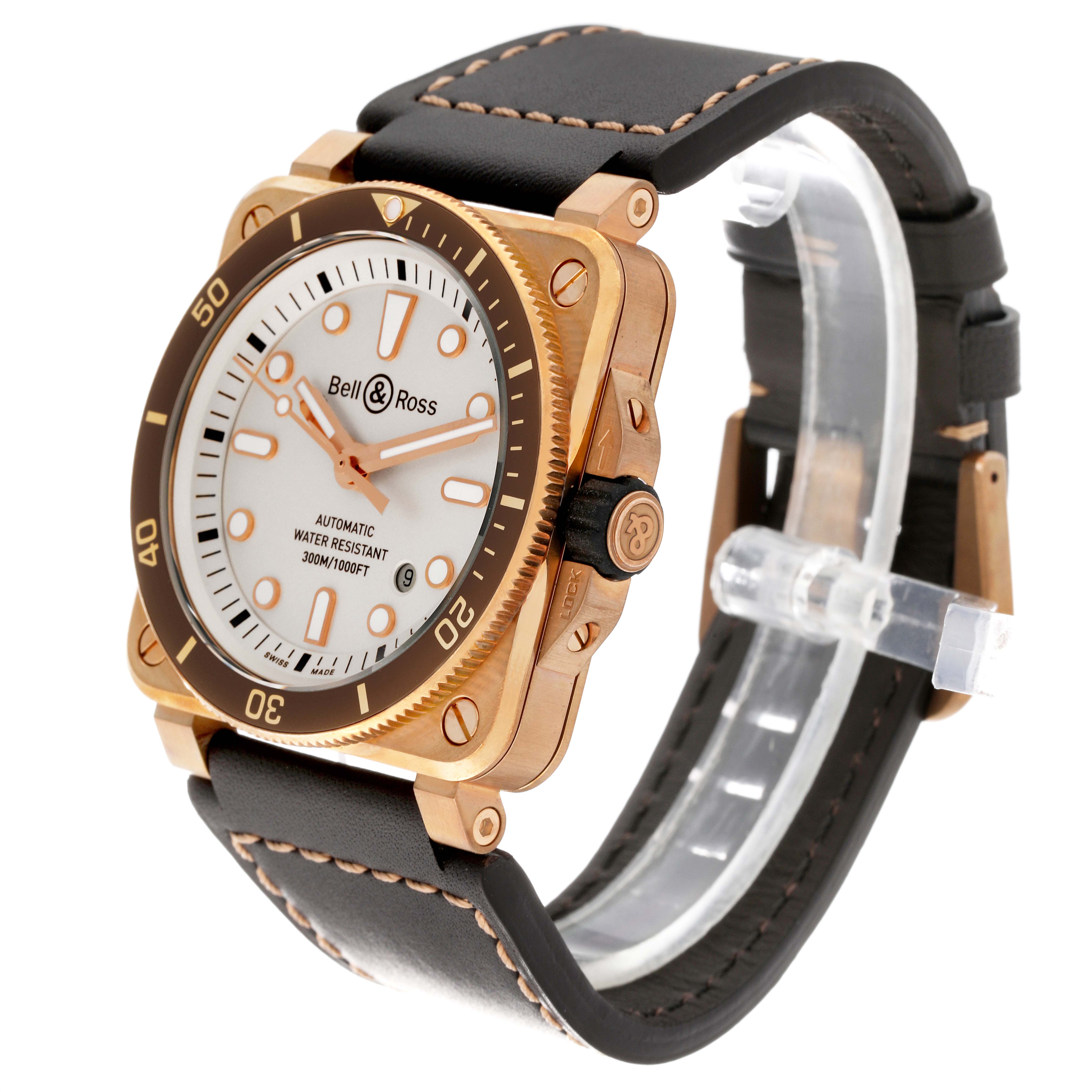 The Bell 
Ross Instruments BR0392-D-WH-BR/SCA Men
s Bronze Silver Dial BR0392-D-WH-BR/SCA Men
s Bronze Silver Dial model watch is shown at a three-quarter angle, highlighting the front and right side with a leather strap.