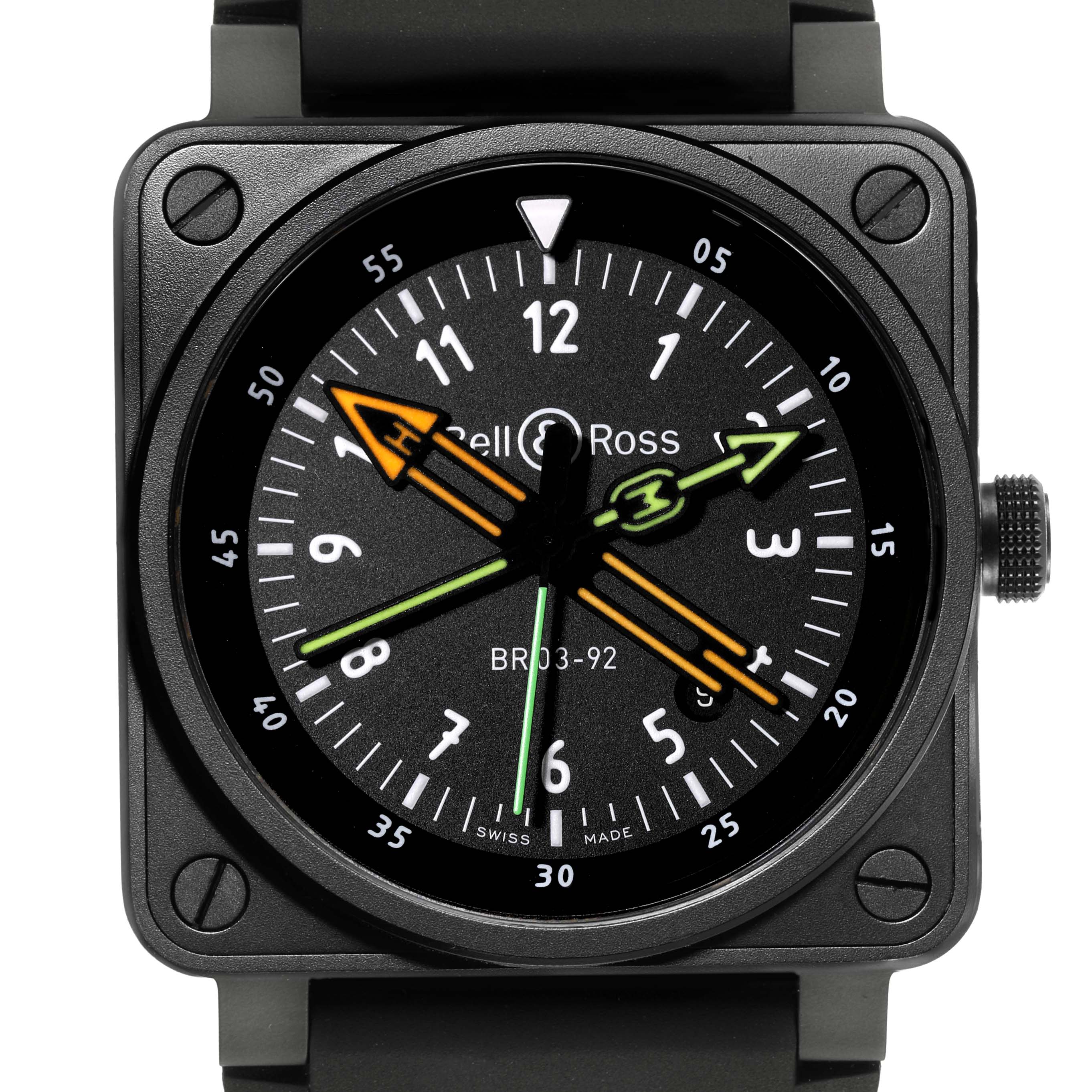 The photo displays a front angle of the Bell 
Ross Instruments BR0392-RCO-CE/SRB Men
s Ceramic Black Dial BR0392-RCO-CE/SRB Men
s Ceramic Black Dial model watch, showcasing its face and case.