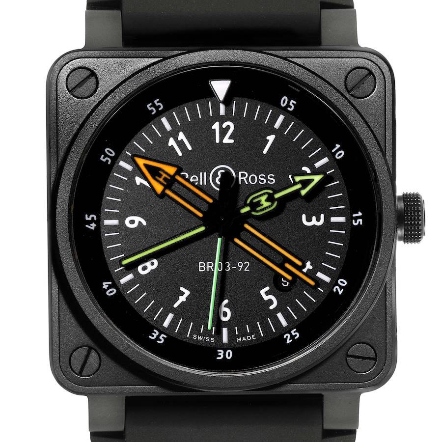 The photo displays a front angle of the Bell & Ross Instruments model watch, showcasing its face and case.