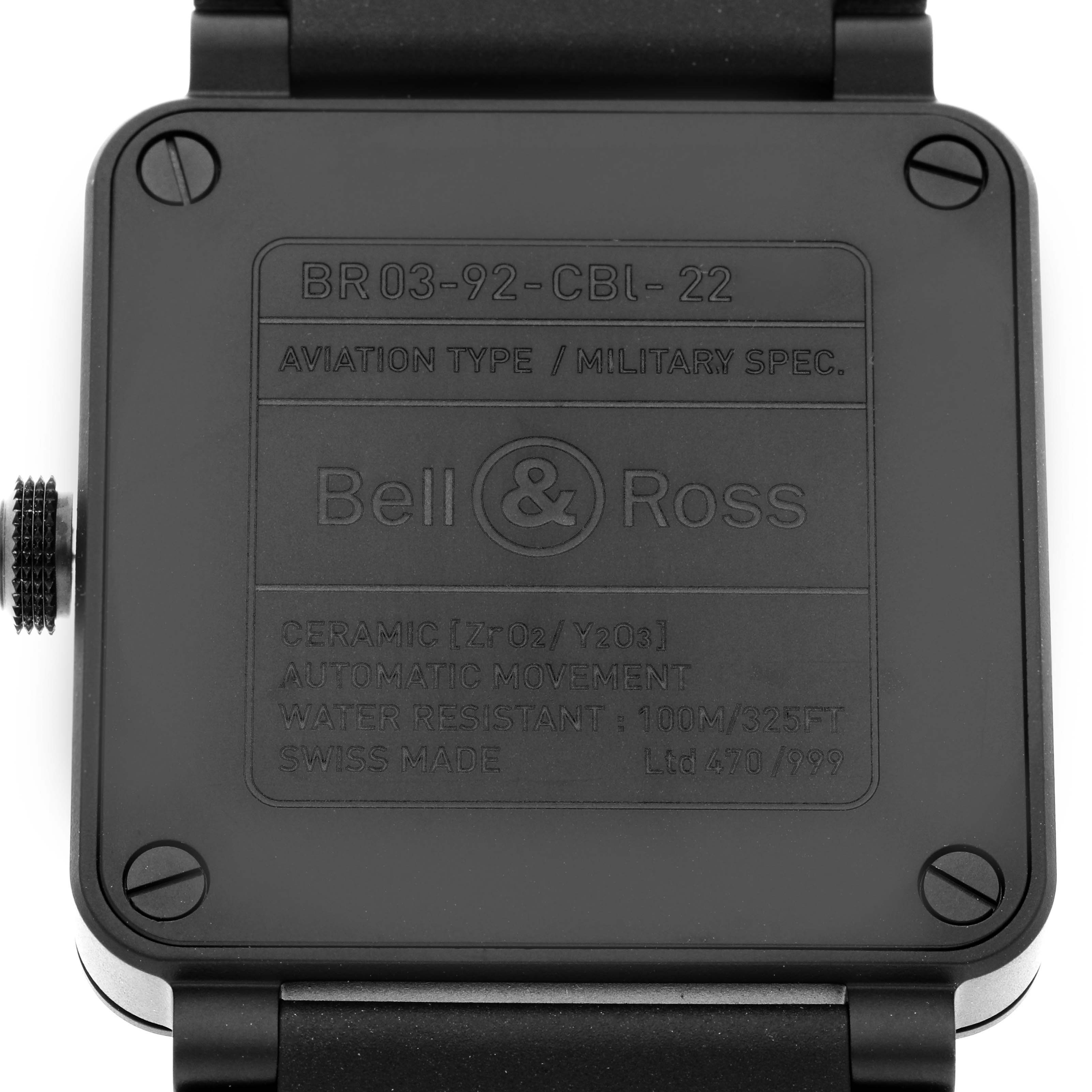 The image shows the back case of a Bell 
Ross Instruments BR0392-RCO-CE/SRB Men
s Ceramic Black Dial BR0392-RCO-CE/SRB Men
s Ceramic Black Dial model watch, highlighting details like water resistance and material specifications.