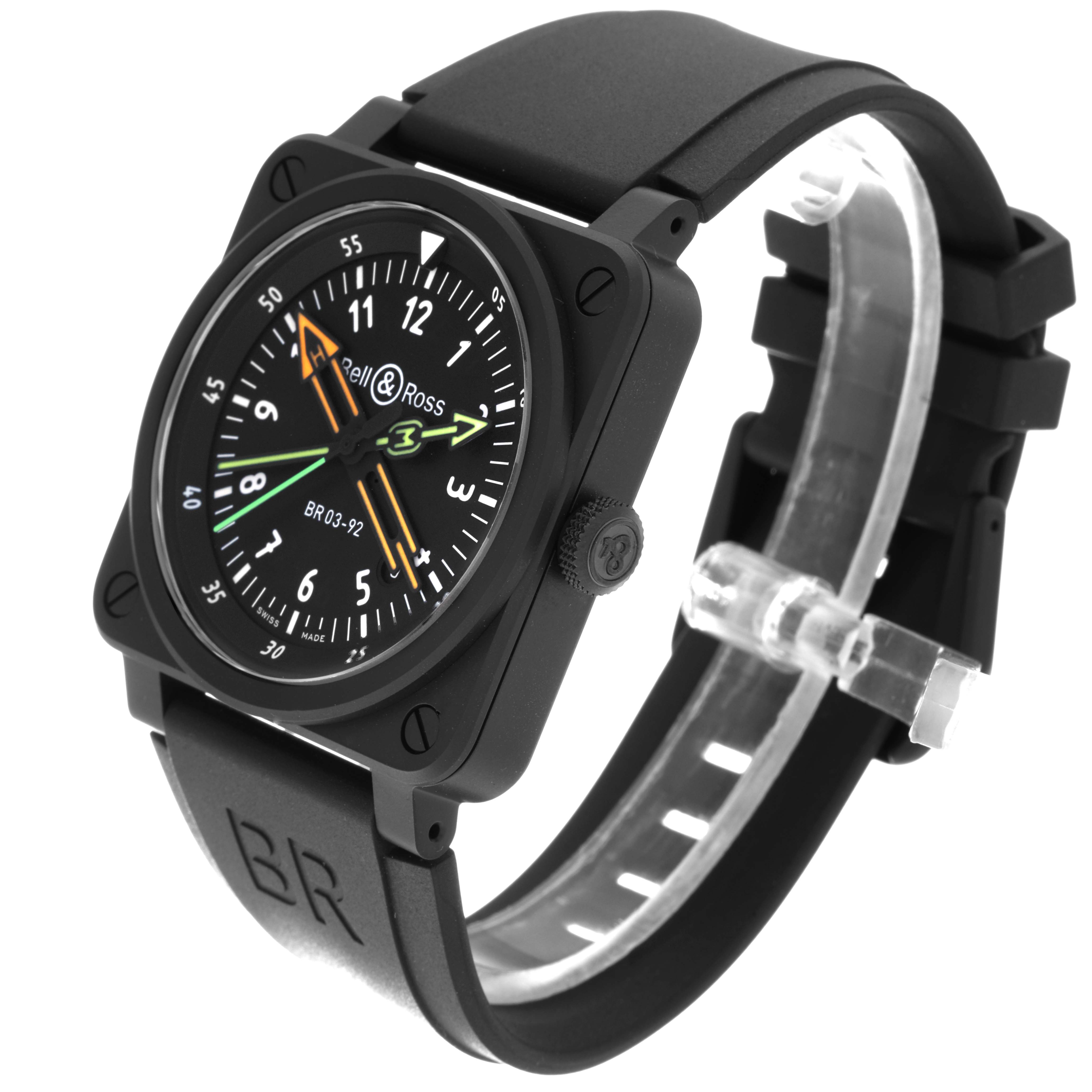 The image shows a Bell 
Ross Instruments BR0392-RCO-CE/SRB Men
s Ceramic Black Dial BR0392-RCO-CE/SRB Men
s Ceramic Black Dial model watch, featuring the watch face, strap, and crown from a three-quarter angle.