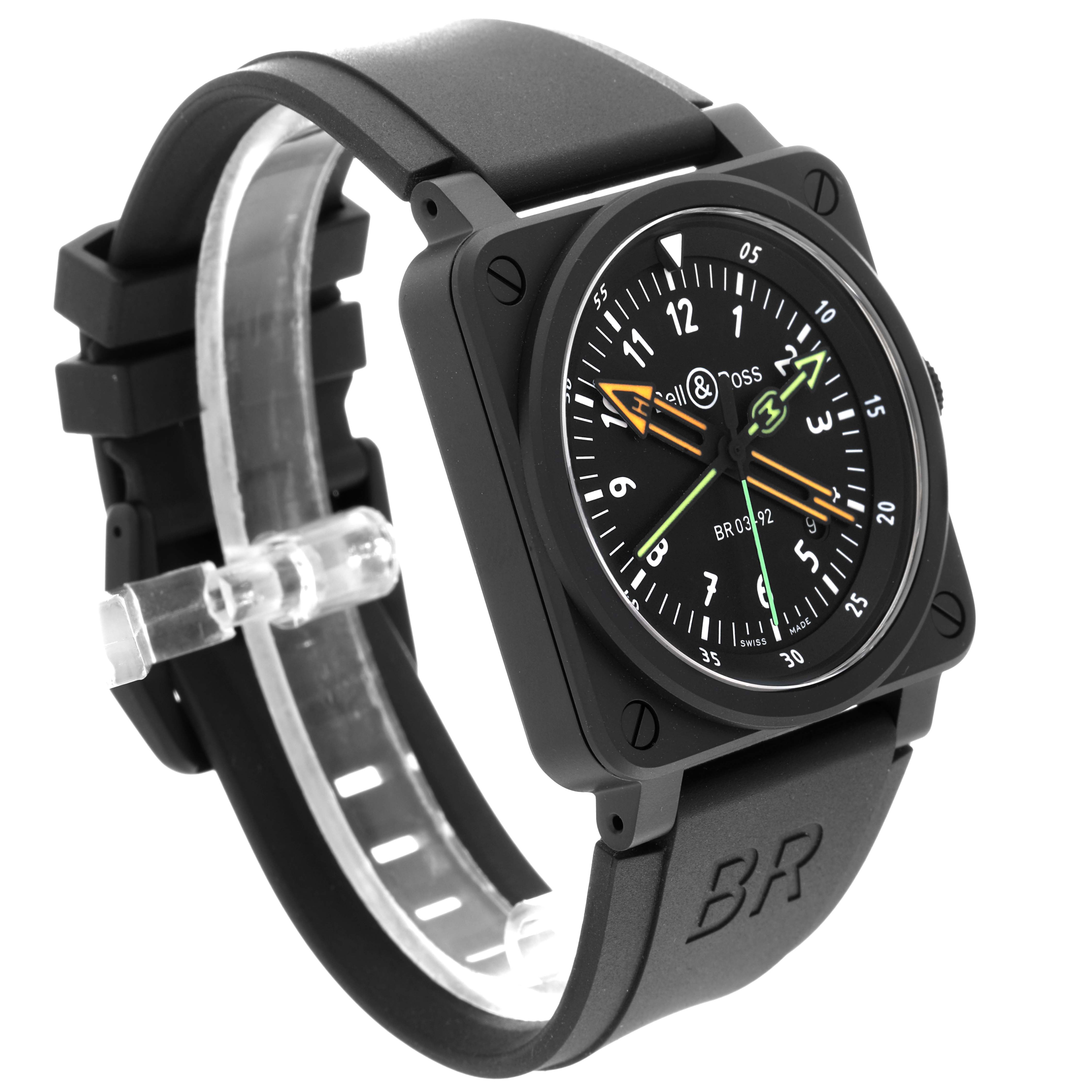 The Bell 
Ross Instruments BR0392-RCO-CE/SRB Men
s Ceramic Black Dial BR0392-RCO-CE/SRB Men
s Ceramic Black Dial model watch is shown at a three-quarter angle, displaying the face, case, and part of the band.