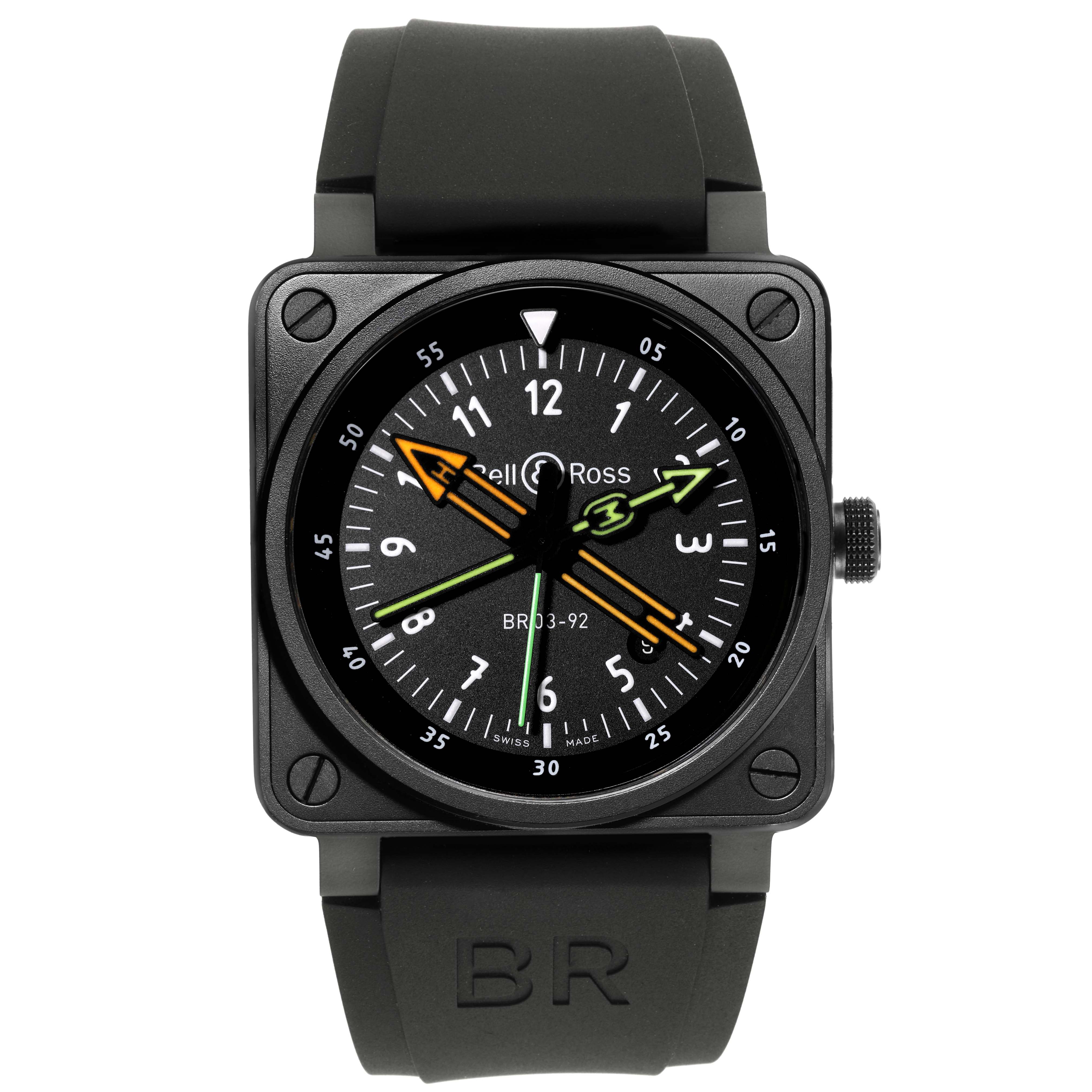 This image shows a front view of the Bell 
Ross Instruments BR0392-RCO-CE/SRB Men
s Ceramic Black Dial BR0392-RCO-CE/SRB Men
s Ceramic Black Dial model BR 03-92 watch with a black strap and square case.